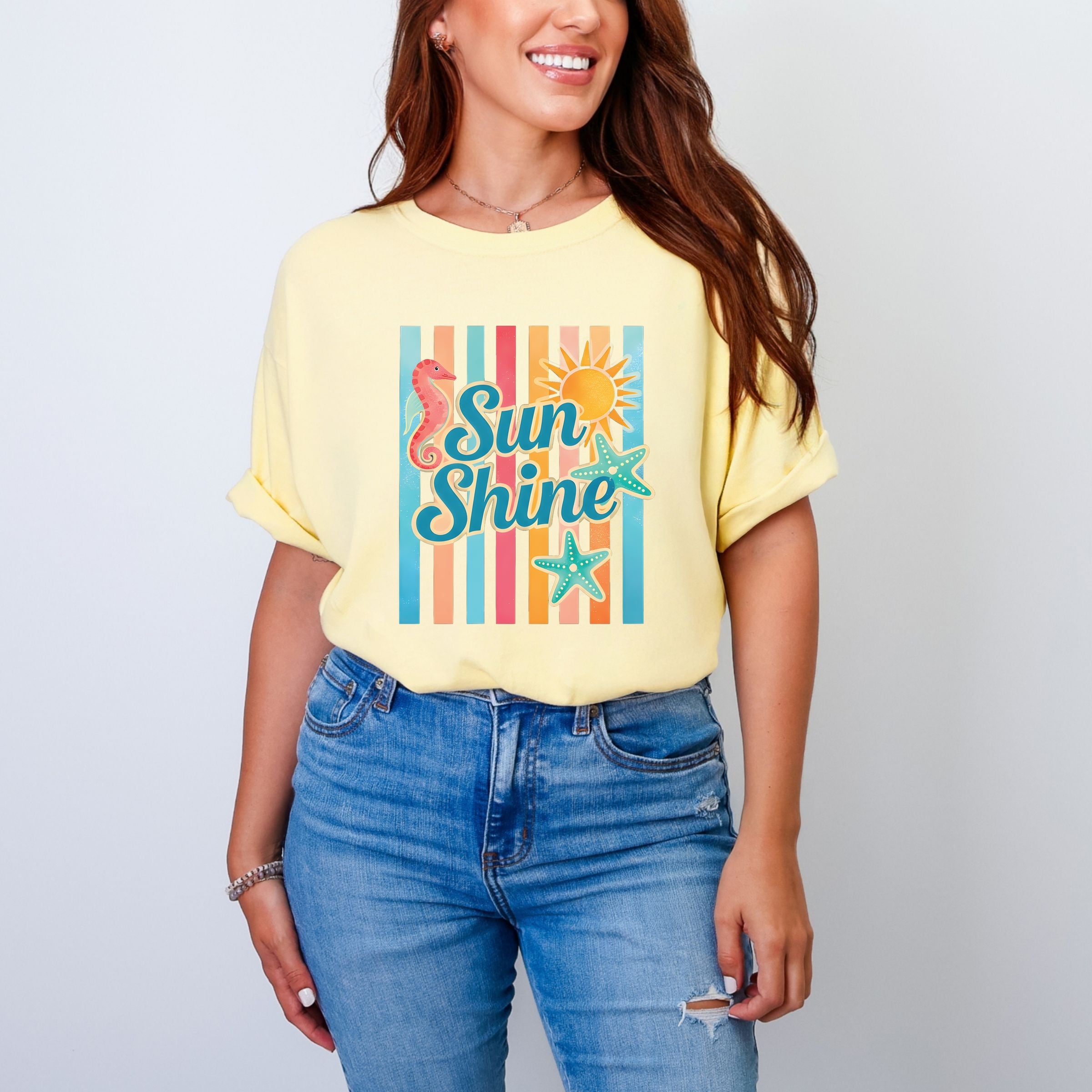 Sunshine Seahorse Stripes - Women's Garment Dyed Graphic T-Shirt