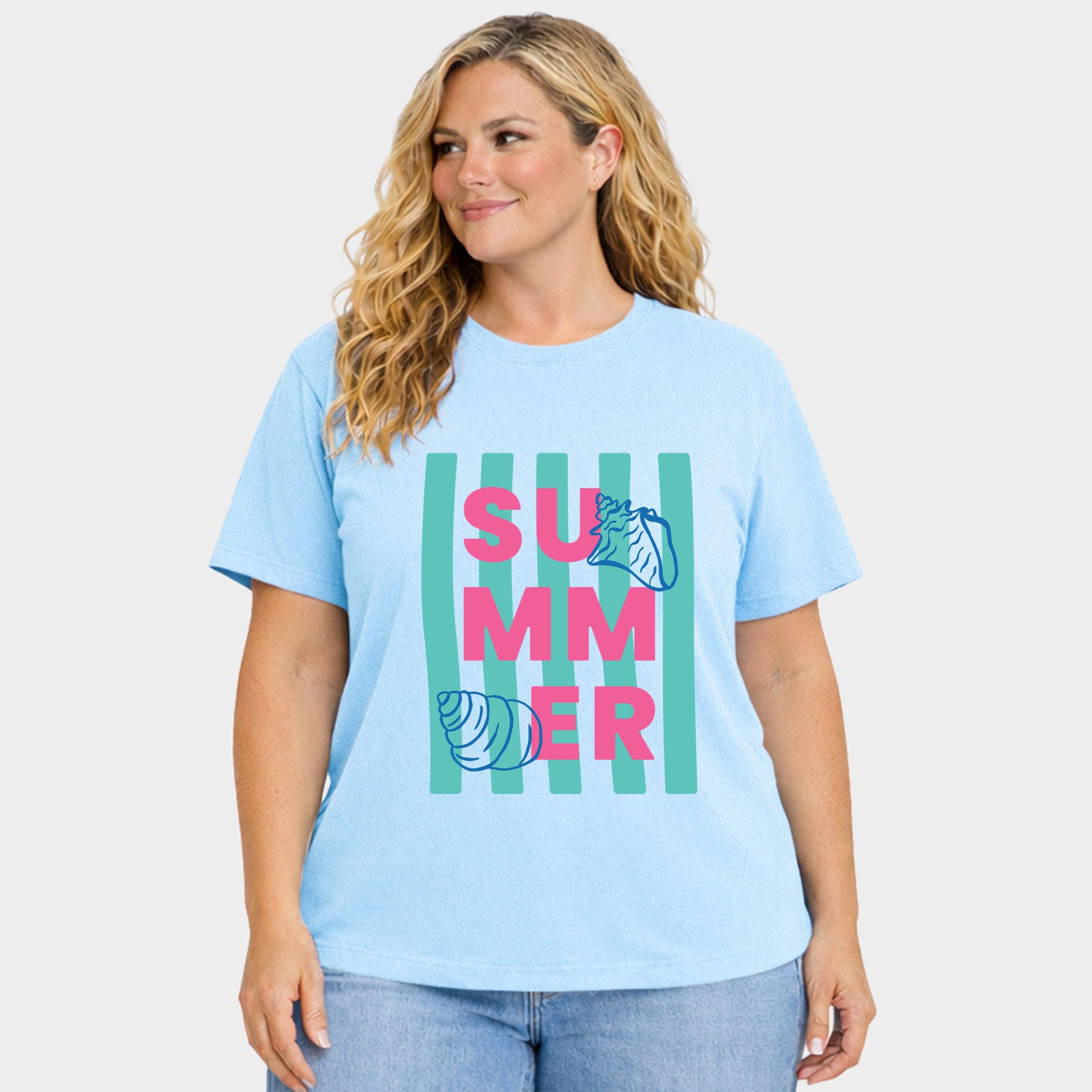 Summer Stripes Seashells - Women's Plus Sized Garment Dyed Graphic T-Shirt
