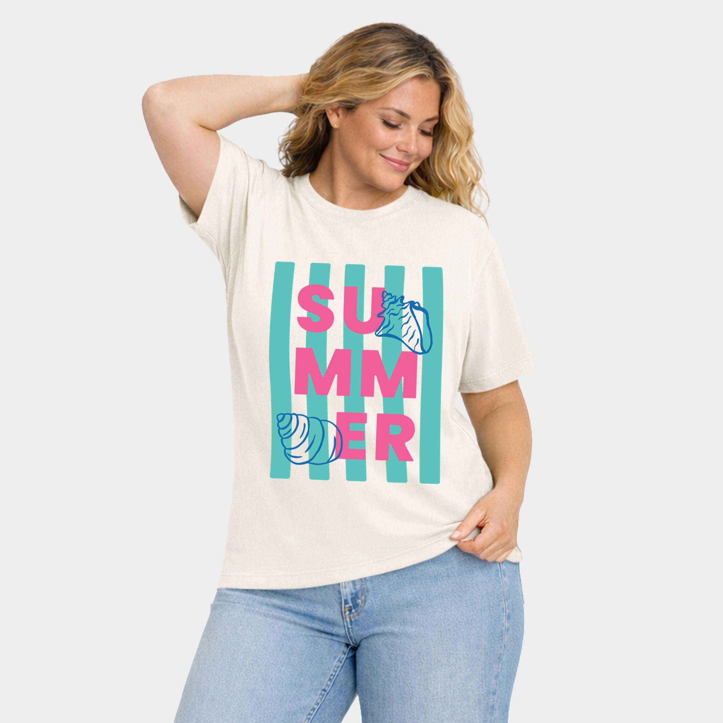 Summer Stripes Seashells - Women's Plus Sized Garment Dyed Graphic T-Shirt