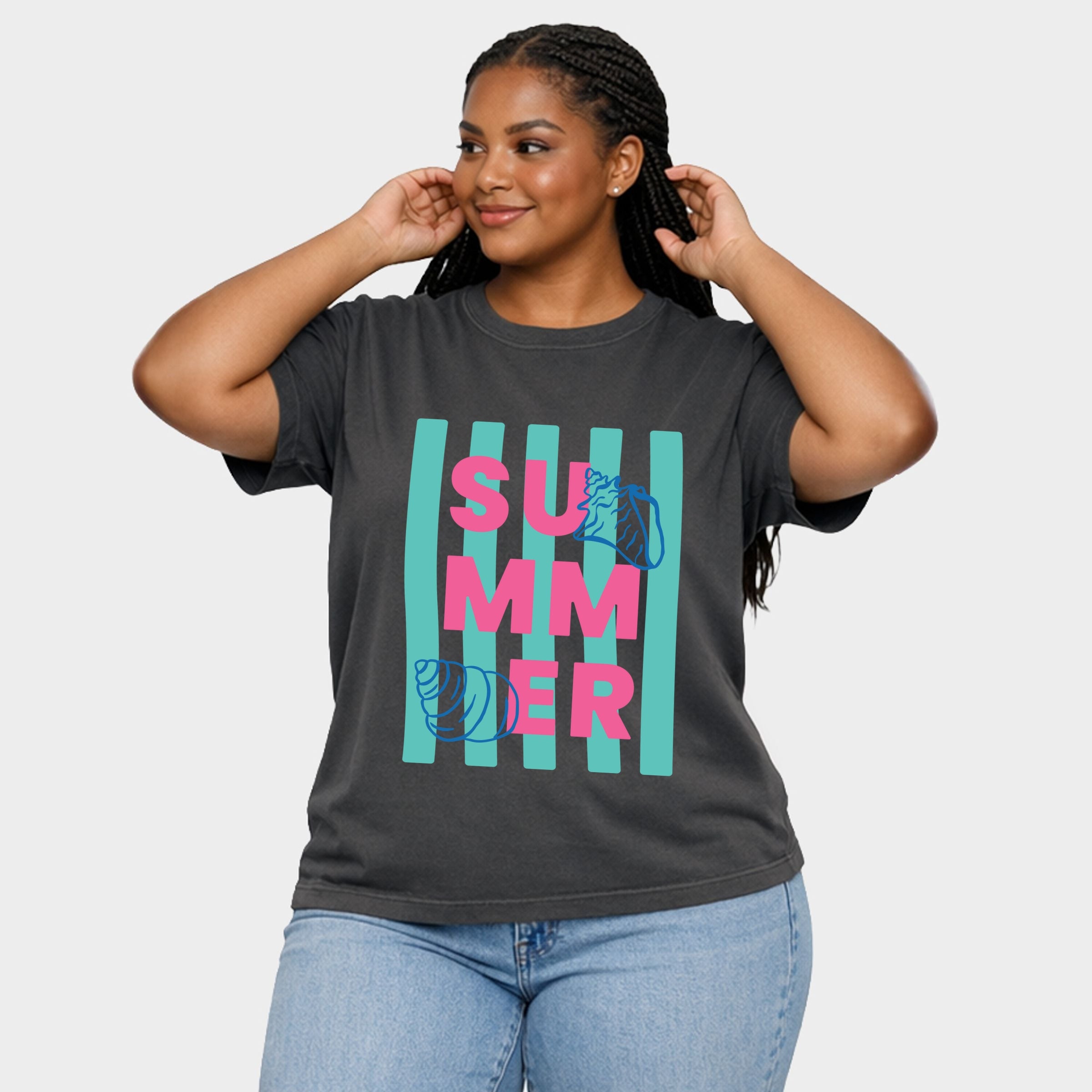 Summer Stripes Seashells - Women's Plus Sized Garment Dyed Graphic T-Shirt