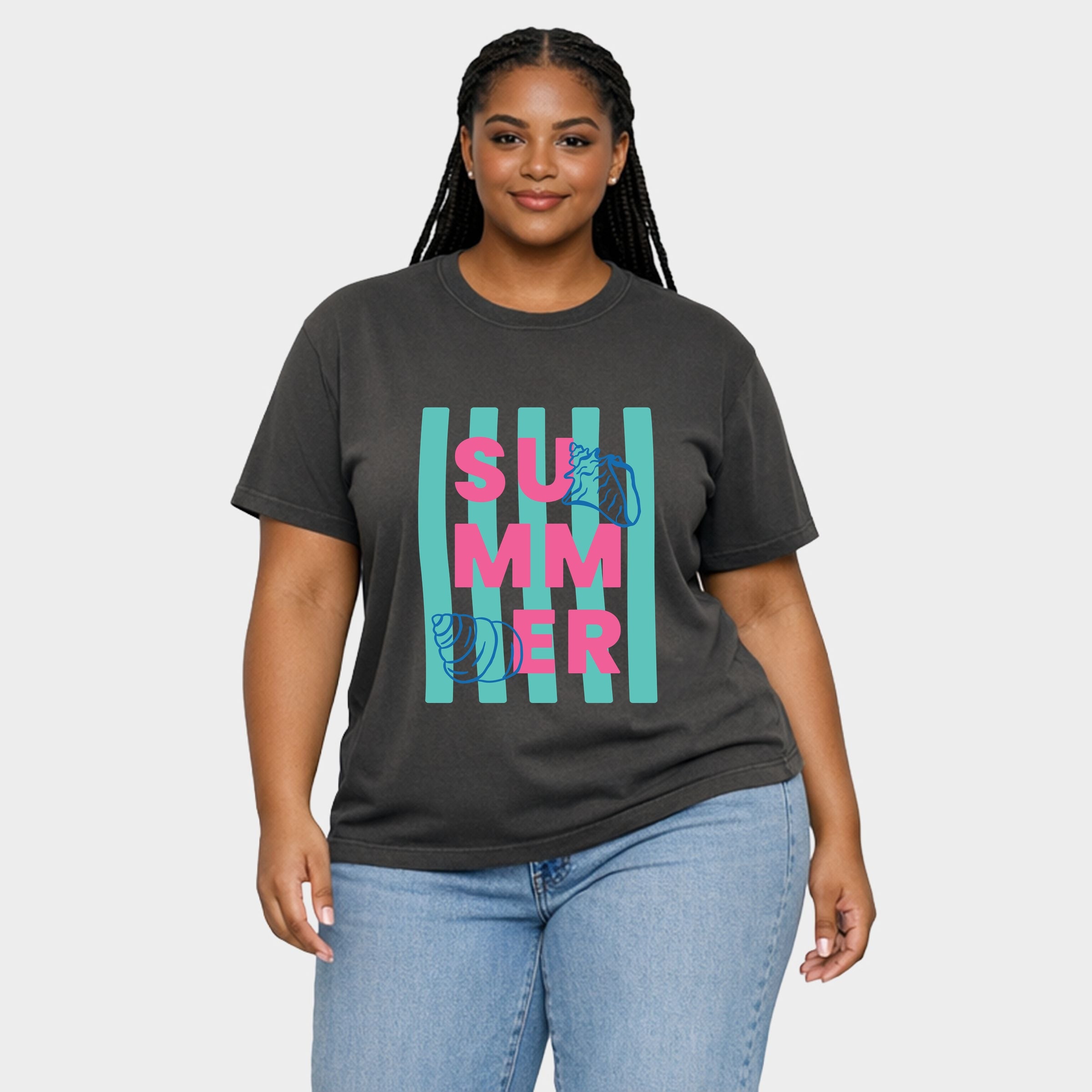 Summer Stripes Seashells - Women's Plus Sized Garment Dyed Graphic T-Shirt