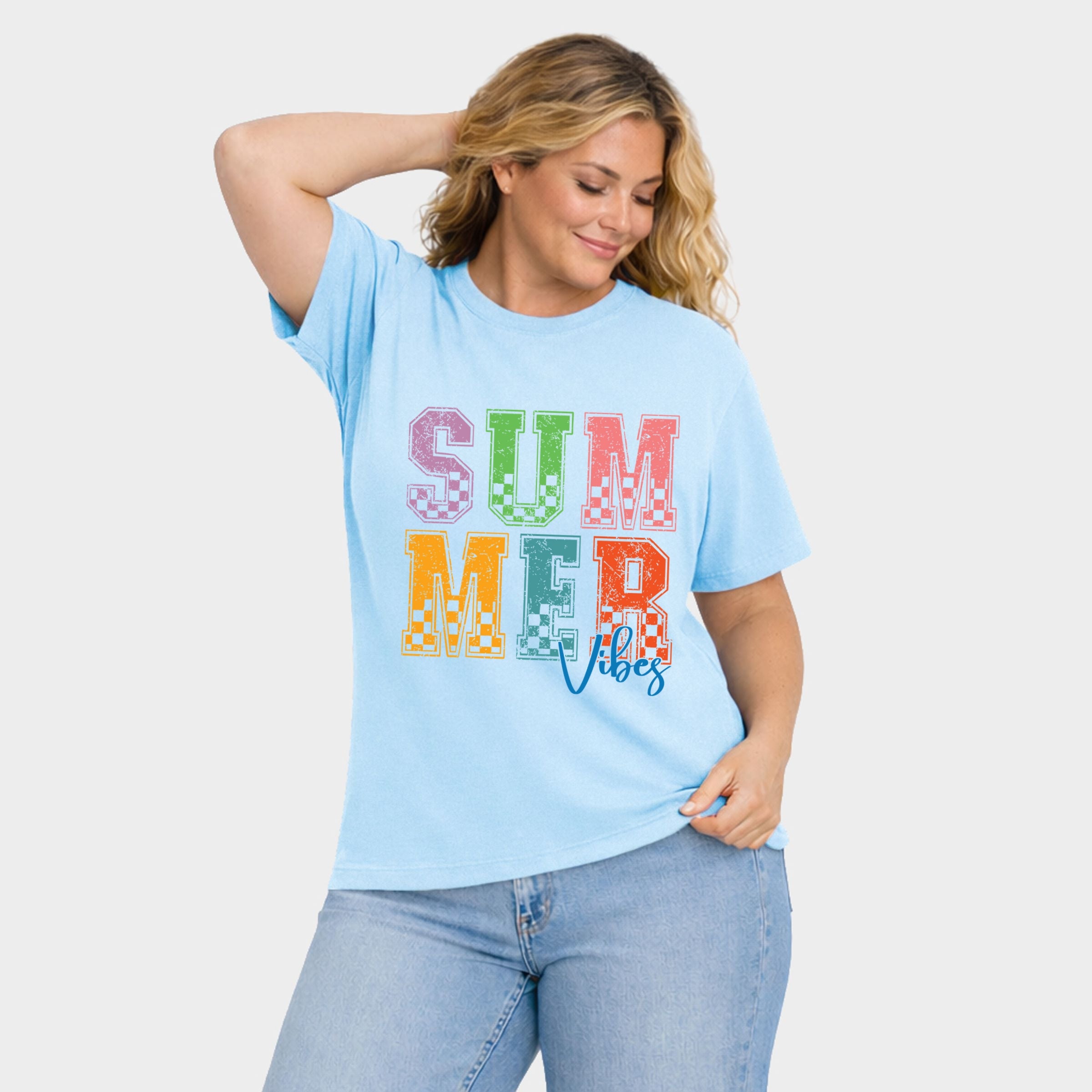 Summer Vibes Checkered - Women's Plus Sized Garment Dyed Graphic T-Shirt