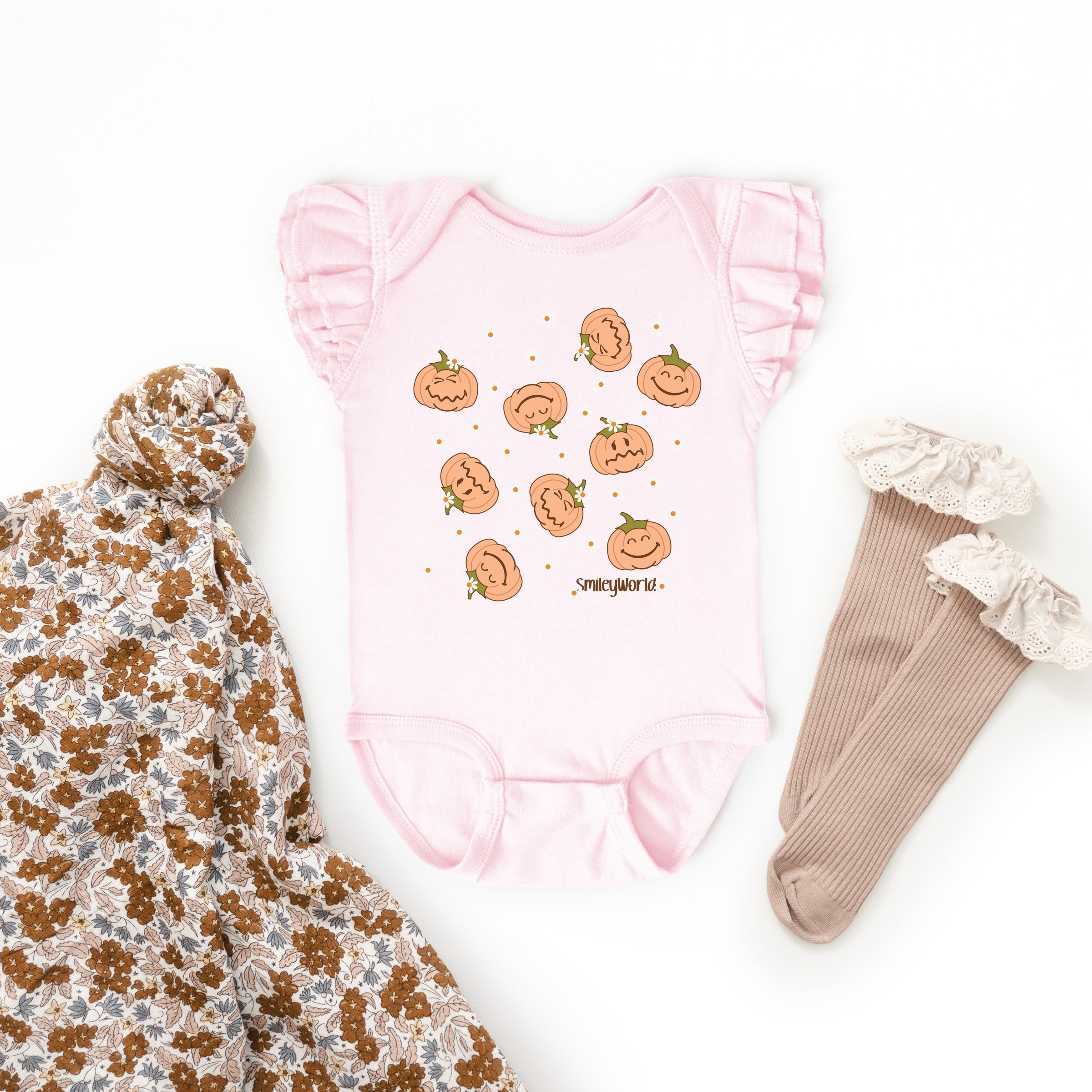 SmileyWorld Pumpkin Collage Daisies - Baby Flutter Sleeve Bodysuit