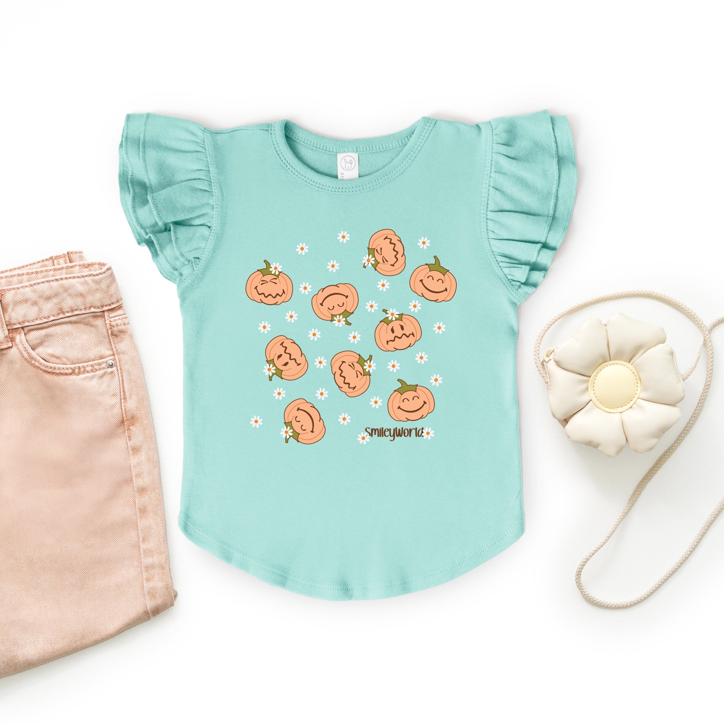 SmileyWorld Pumpkin Collage Daisies - Flutter Sleeve Graphic T-Shirt