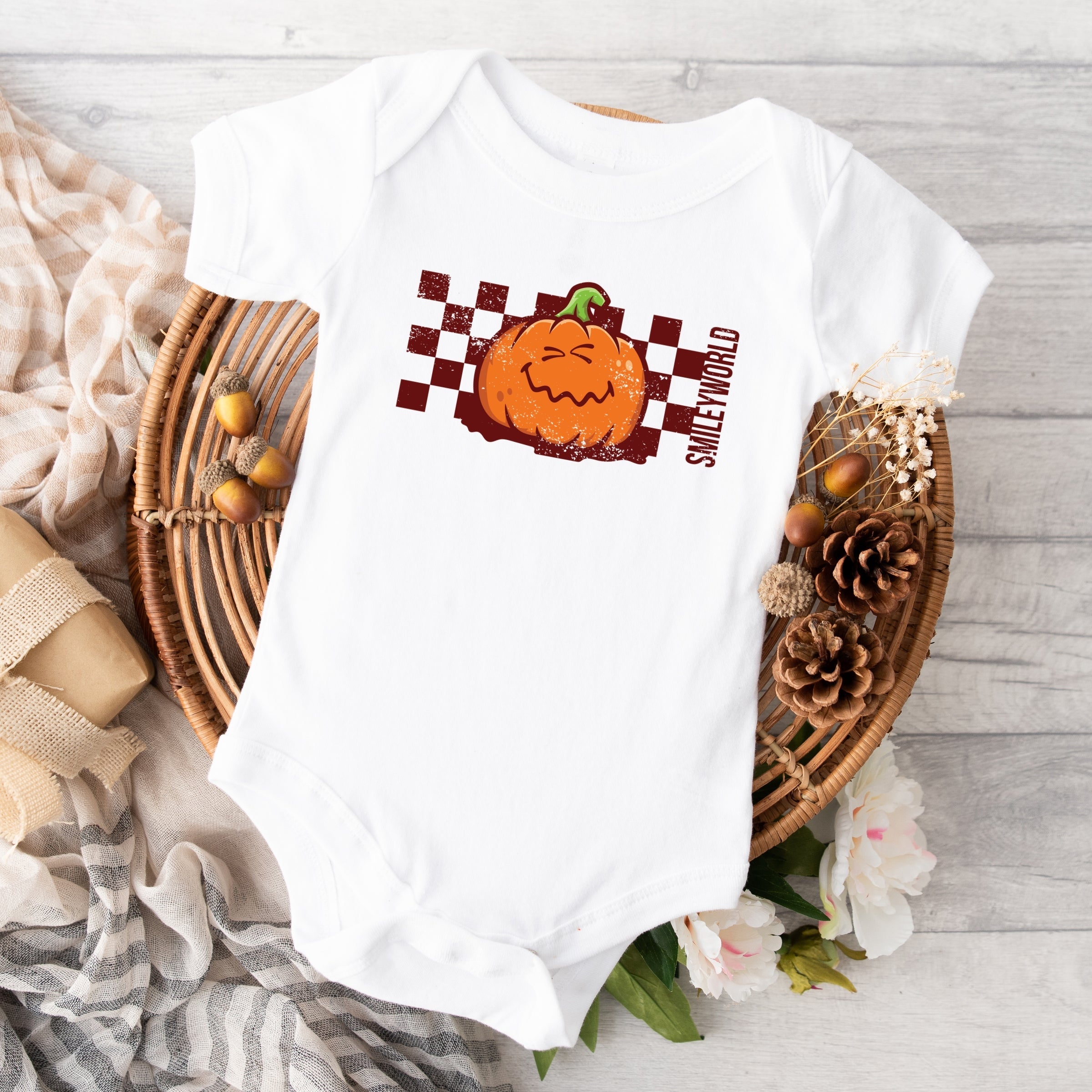 SmileyWorld Pumpkin Face Checkered - Baby Short Sleeve Graphic Bodysuit