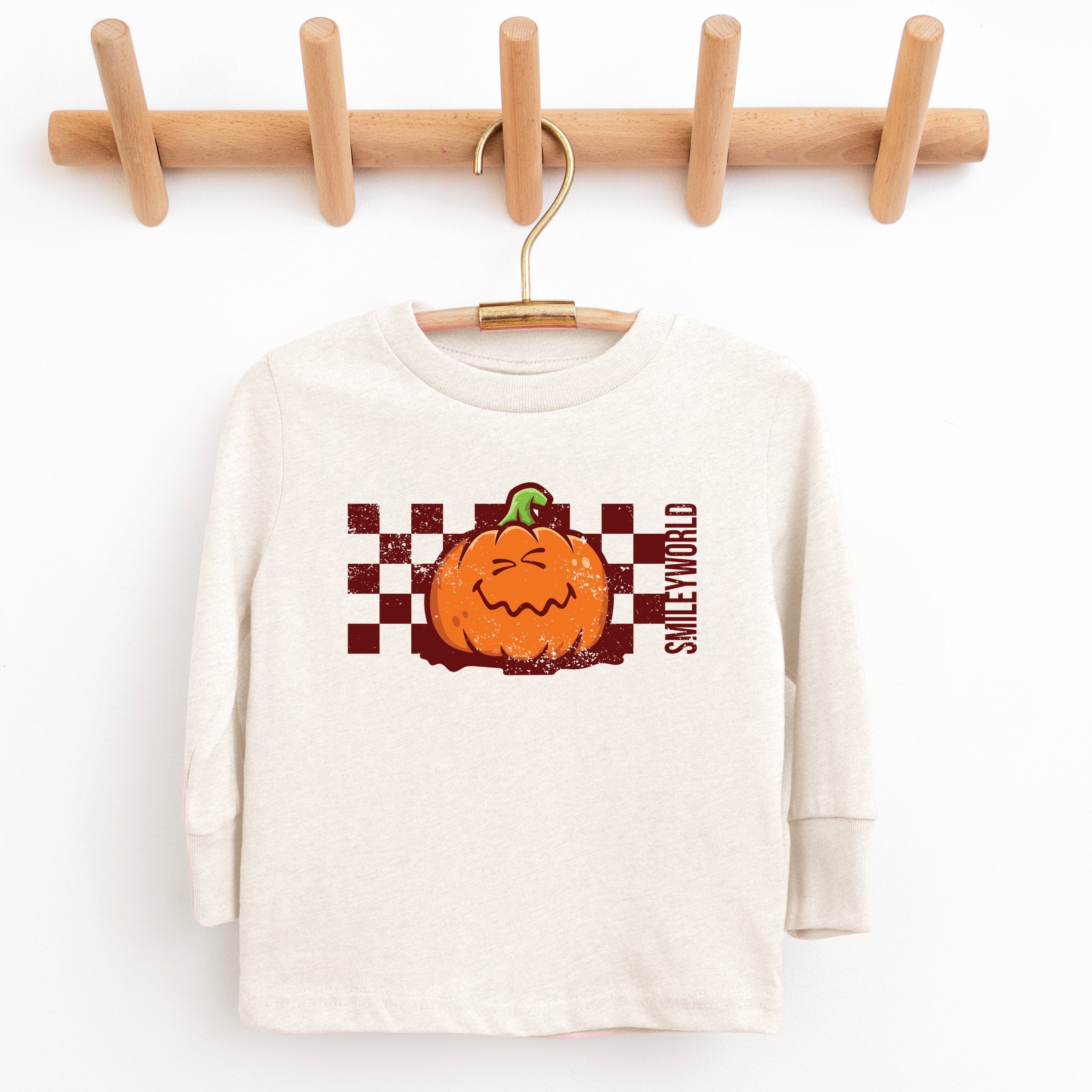SmileyWorld Pumpkin Face Checkered - Toddler Long Sleeve Graphic Tee and Youth Long Sleeve Graphic T-Shirt