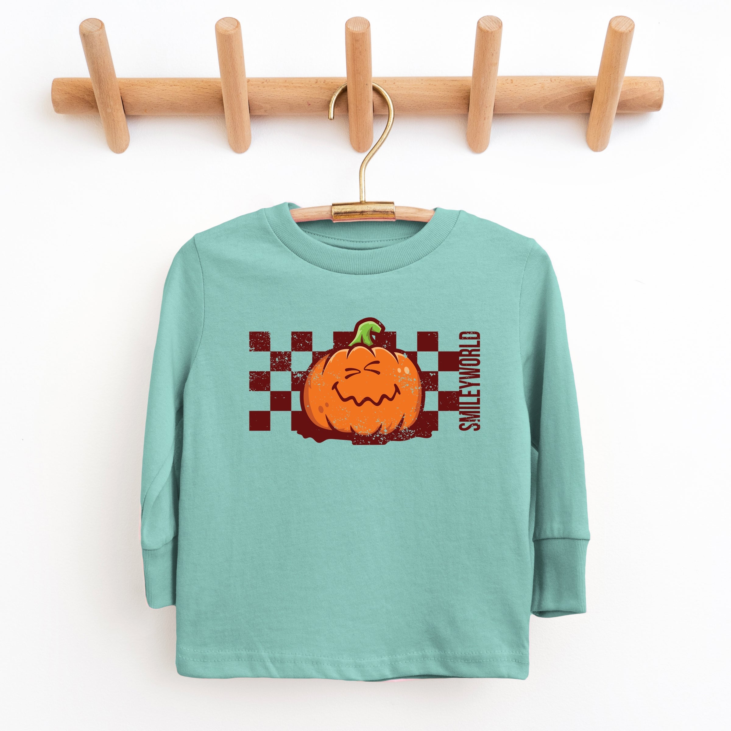 SmileyWorld Pumpkin Face Checkered - Toddler Long Sleeve Graphic Tee and Youth Long Sleeve Graphic T-Shirt