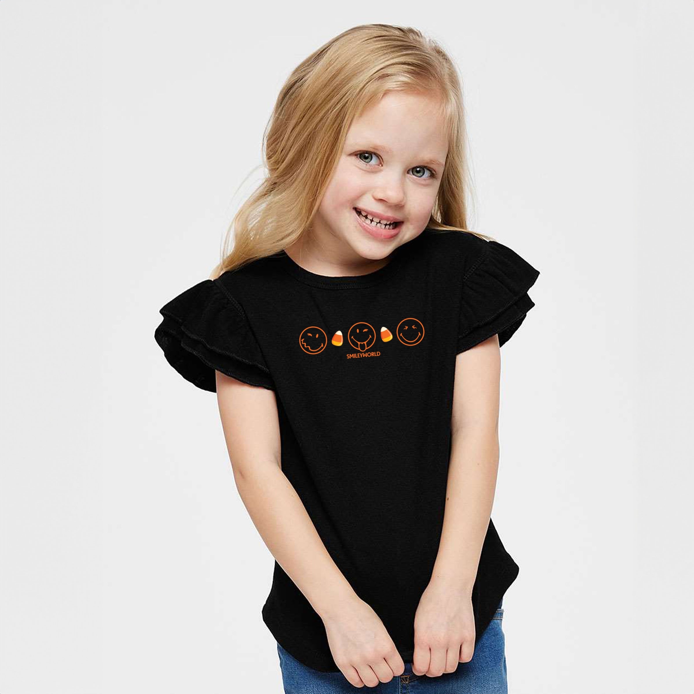 SmileyWorld Candy Corn Outlines - Flutter Sleeve Graphic T-Shirt