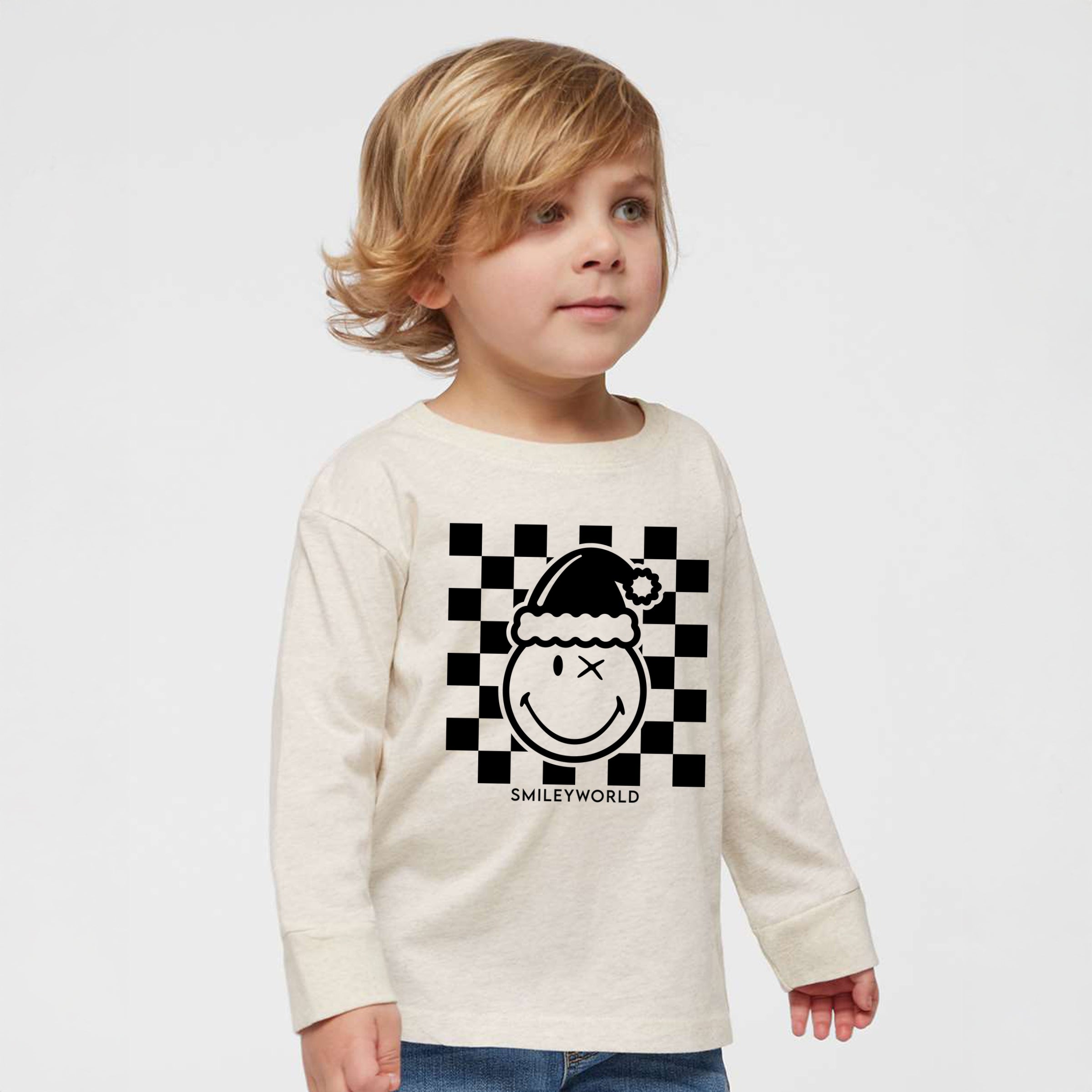 SmileyWorld Checkered Christmas Wink - Toddler Long Sleeve Graphic Tee