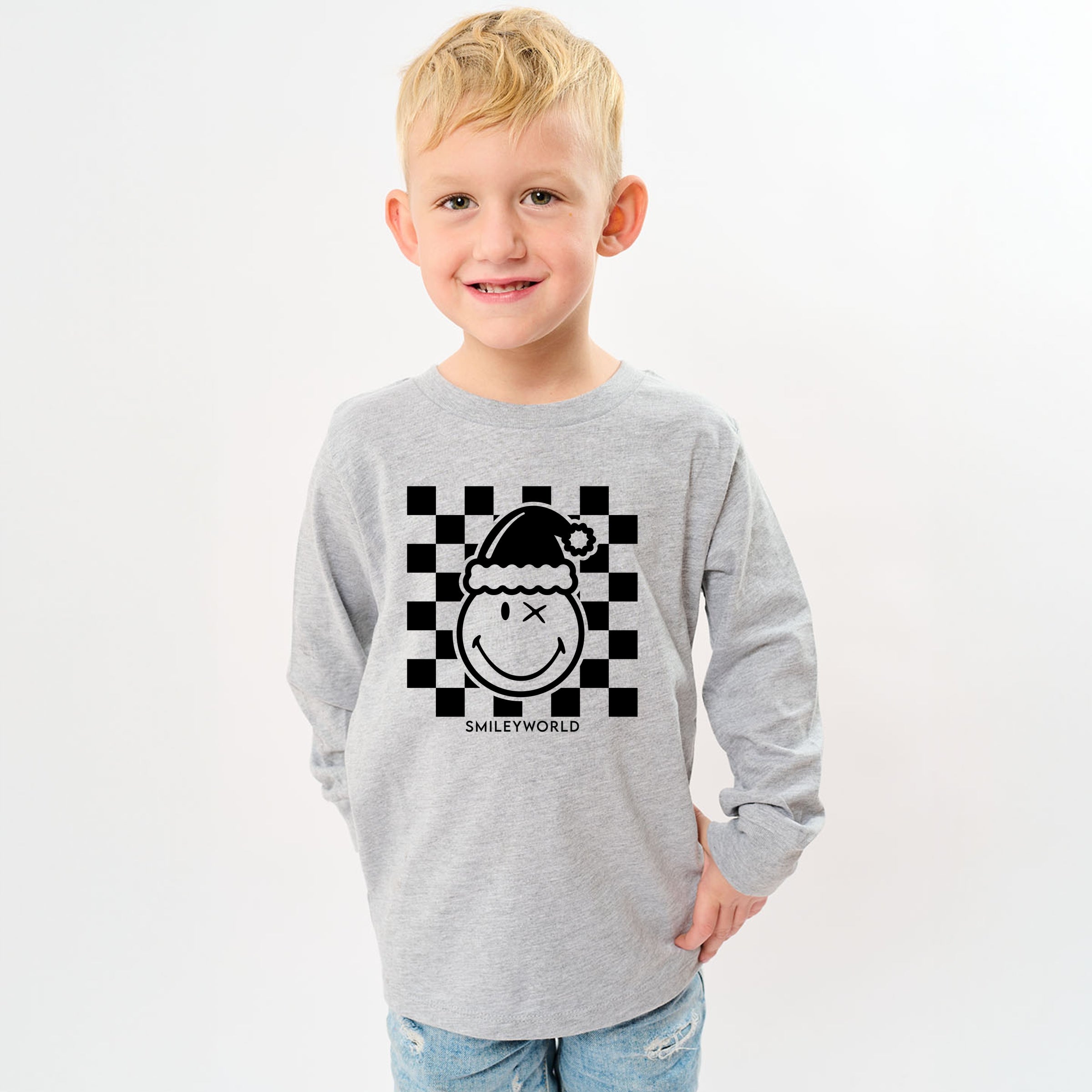 SmileyWorld Checkered Christmas Wink - Youth Long Sleeve Graphic T-Shirt