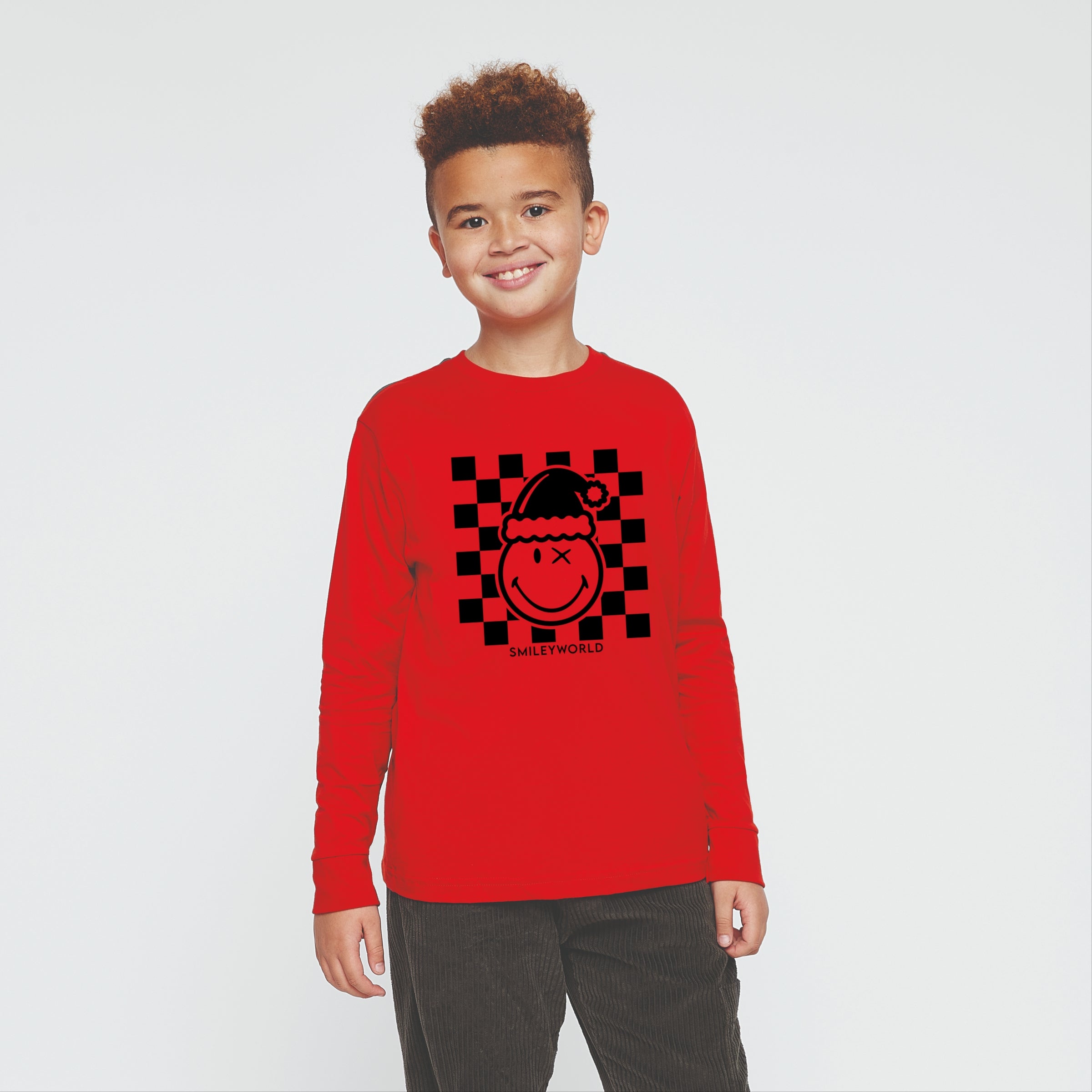 SmileyWorld Checkered Christmas Wink - Youth Long Sleeve Graphic T-Shirt