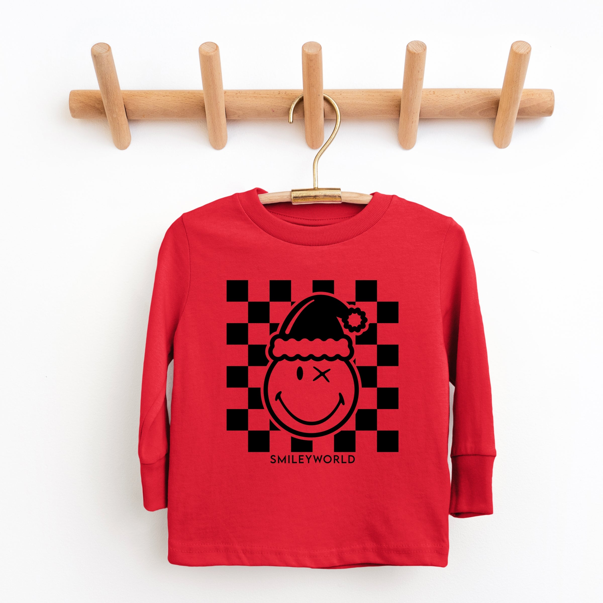 SmileyWorld Checkered Christmas Wink - Youth Long Sleeve Graphic T-Shirt