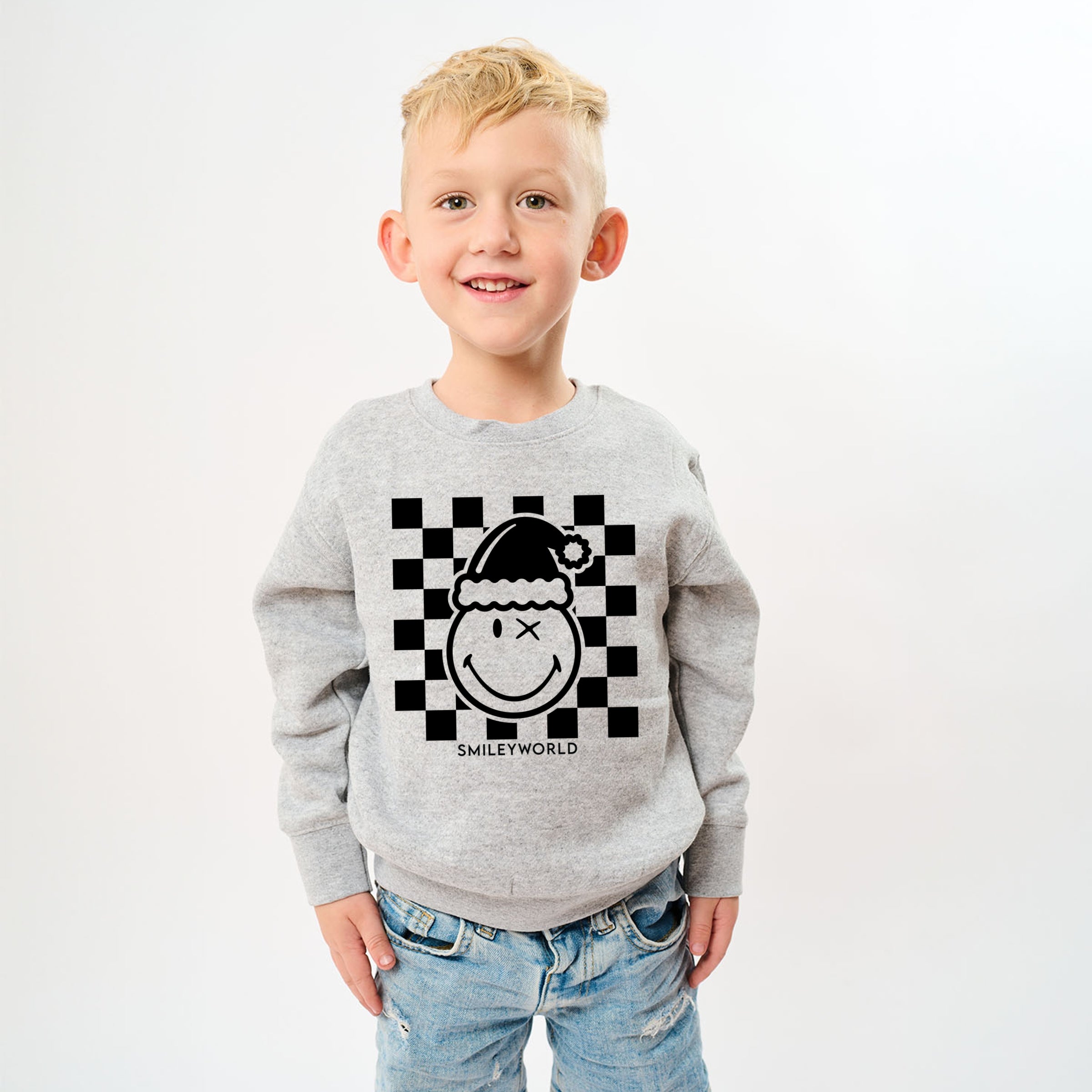 SmileyWorld Checkered Christmas Wink - Youth Graphic Sweatshirt