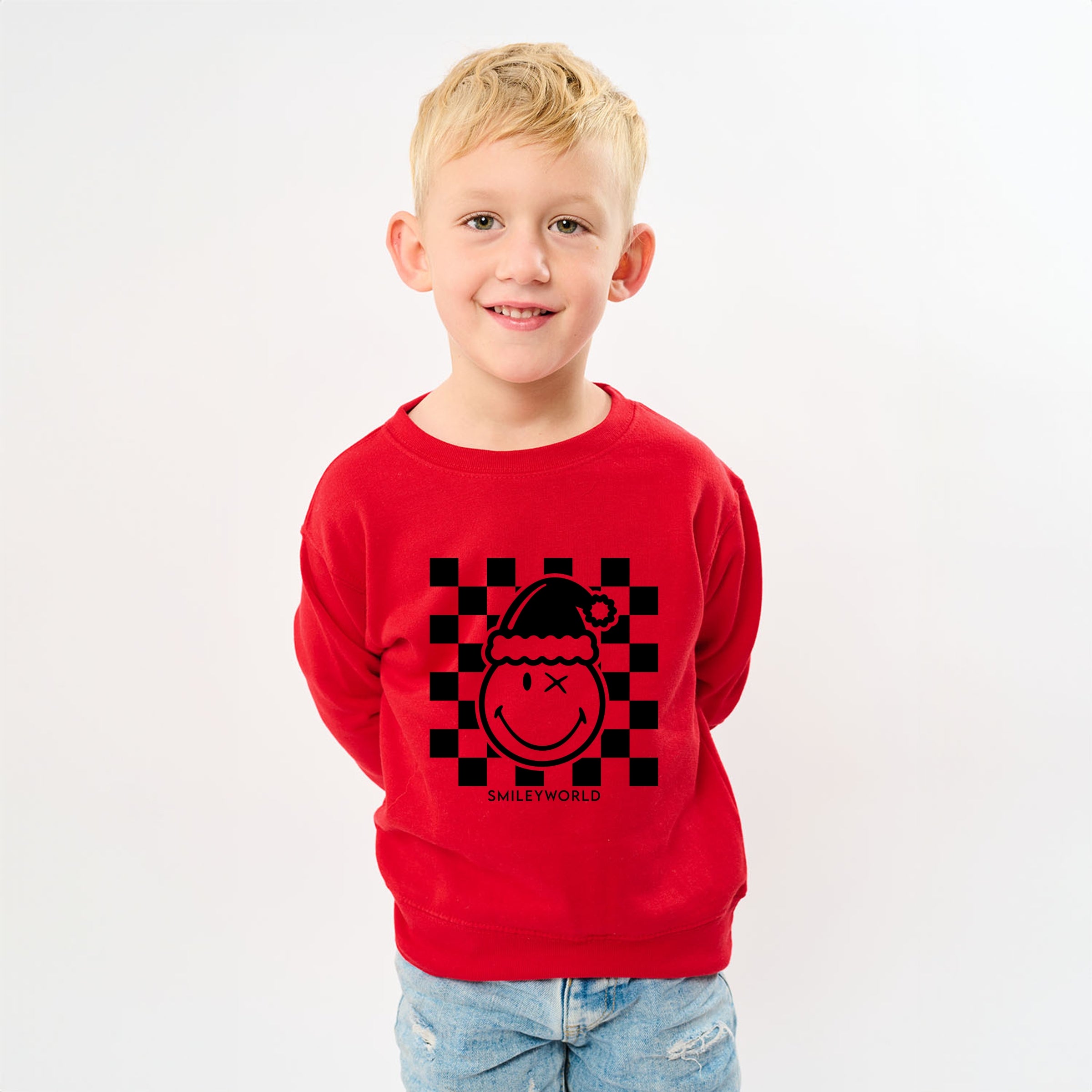 SmileyWorld Checkered Christmas Wink - Youth Graphic Sweatshirt