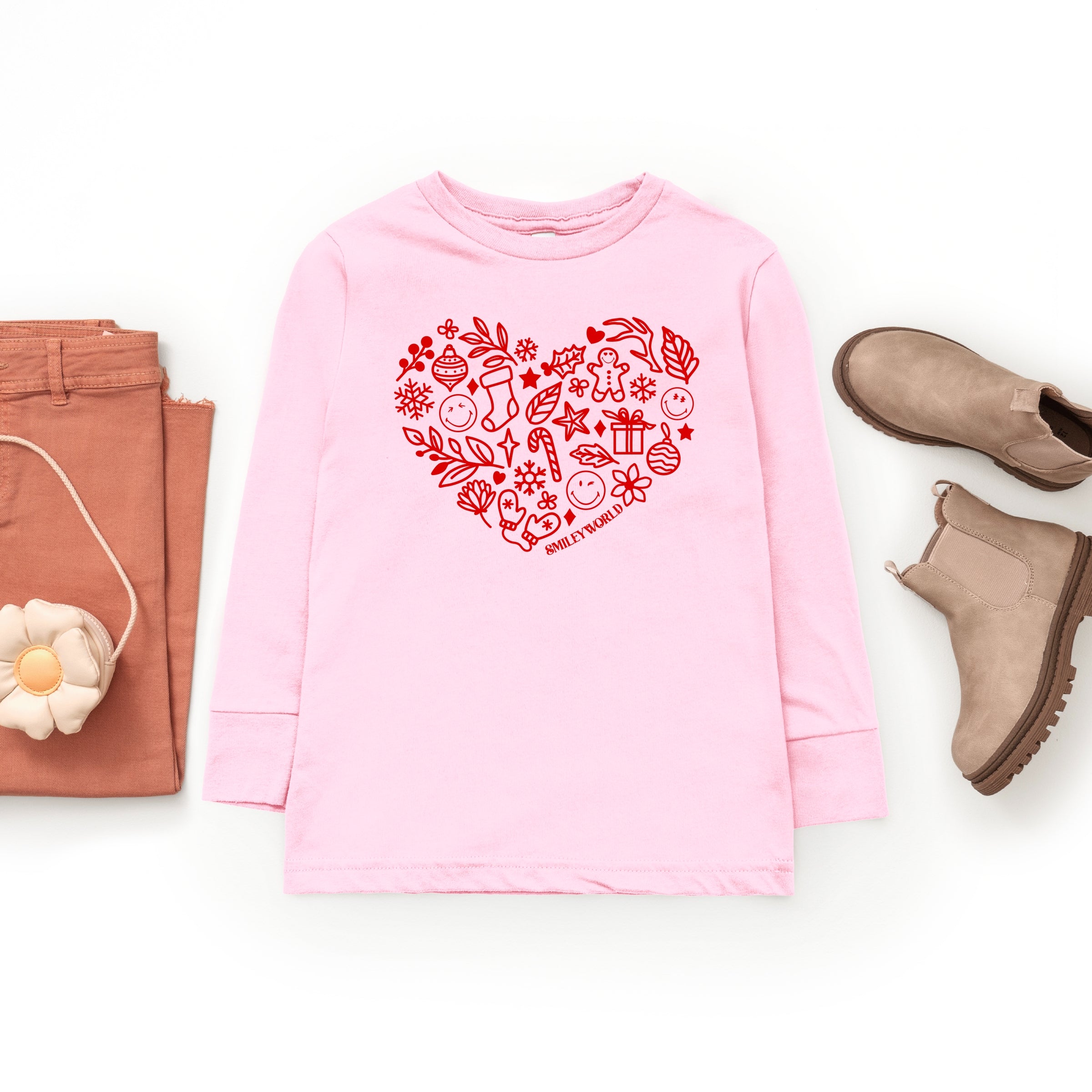 SmileyWorld Christmas Outline Heart - Youth Long Sleeve Graphic T-Shirt