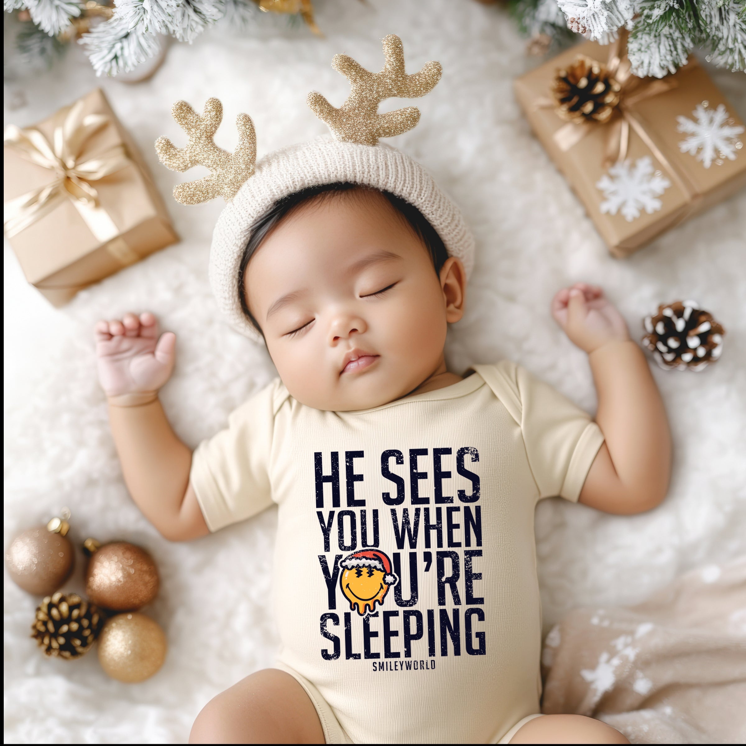 SmileyWorld He Sees You When You're Sleeping - Baby Short Sleeve Graphic Bodysuit