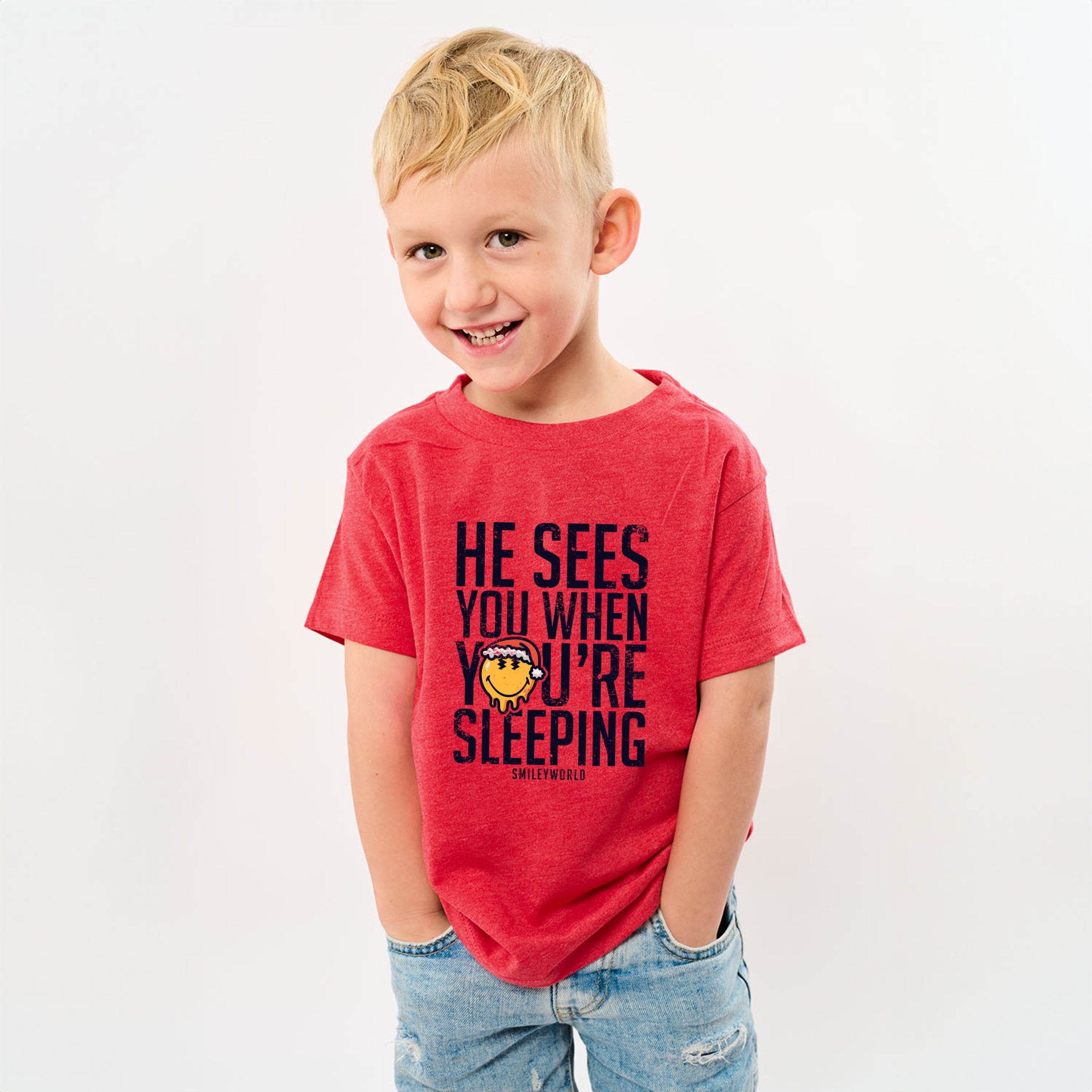 SmileyWorld He Sees You When You're Sleeping - Youth Short Sleeve Graphic T-Shirt