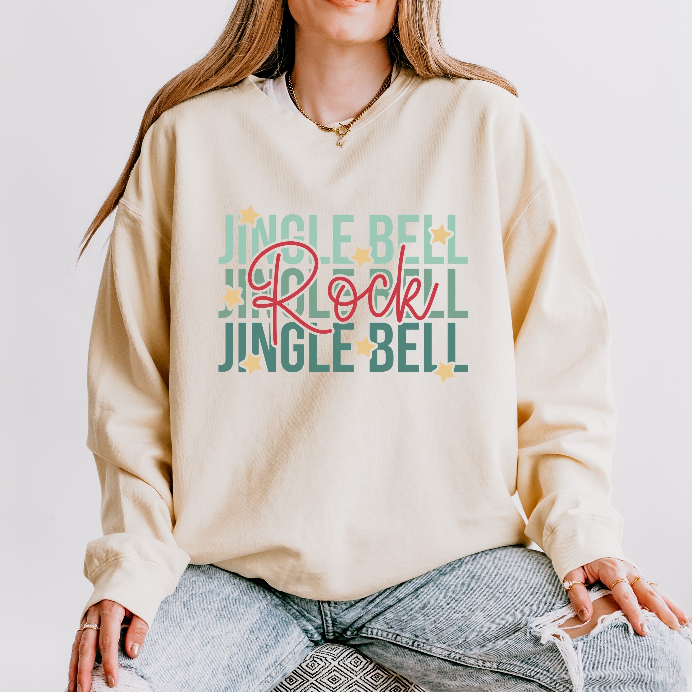 Jingle Bell Rock Stacked Stars - Womens Lightweight Garment Dyed Sweatshirt