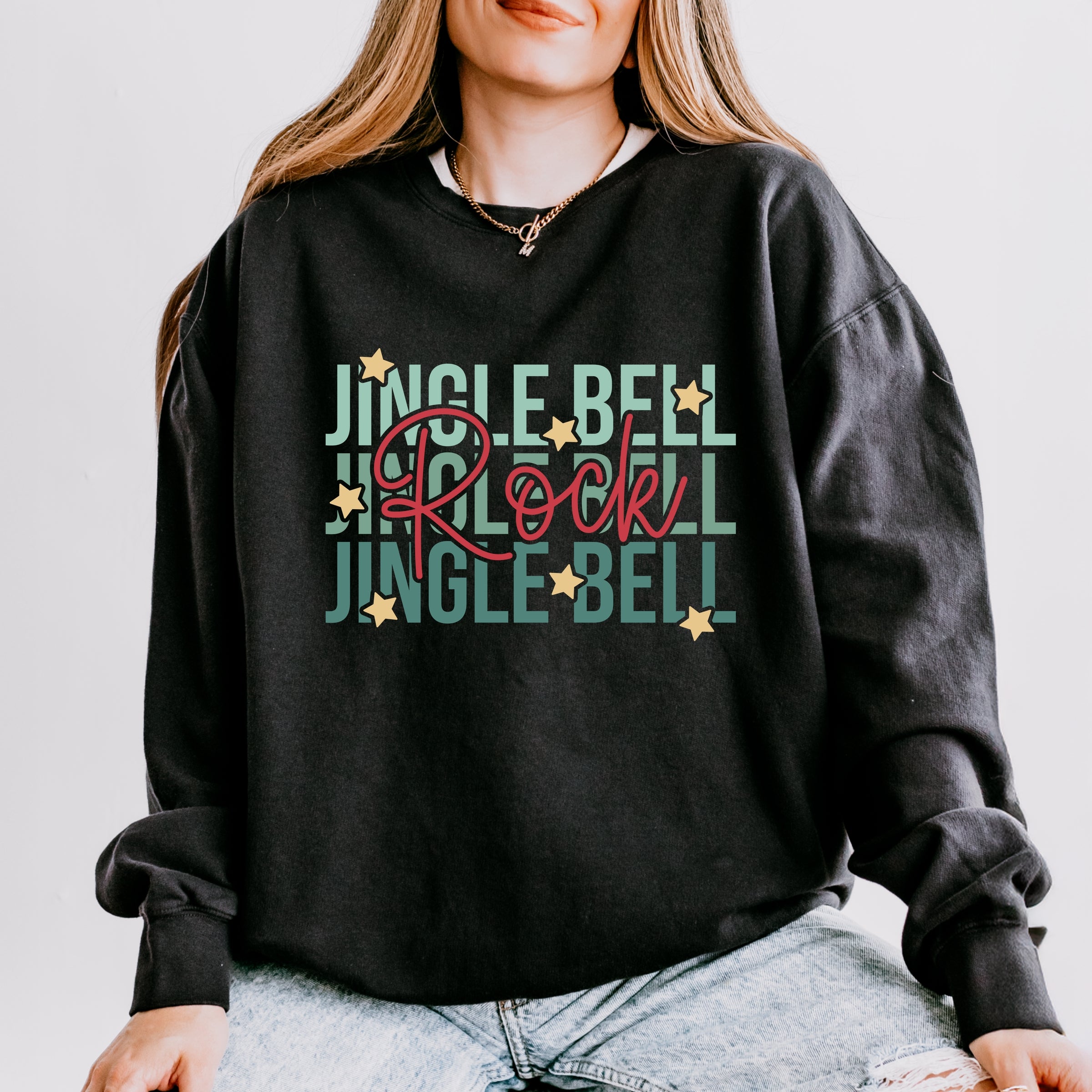 Jingle Bell Rock Stacked Stars - Womens Lightweight Garment Dyed Sweatshirt
