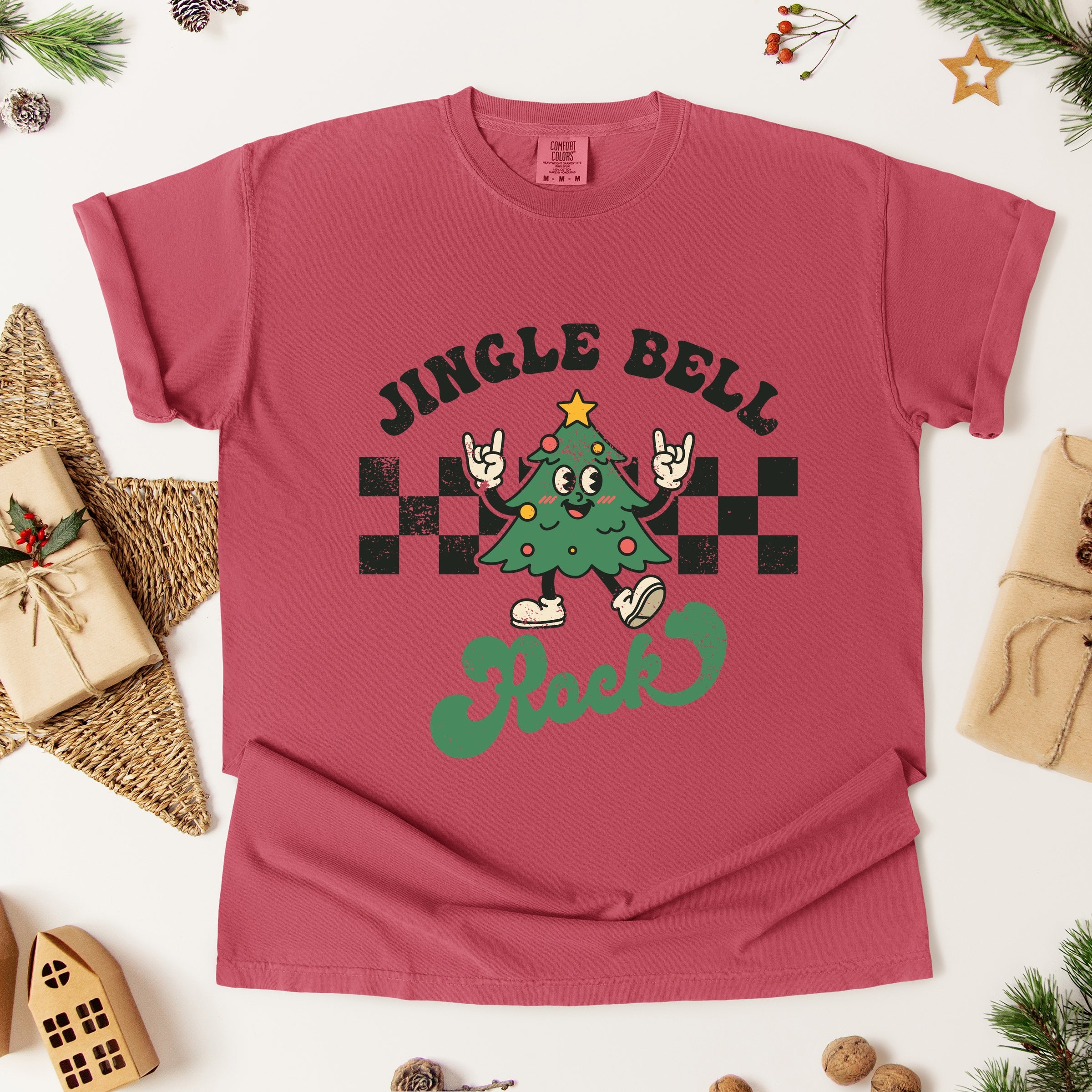 Jingle Bell Rock Checkered Tree - Womens Garment Dyed Tee