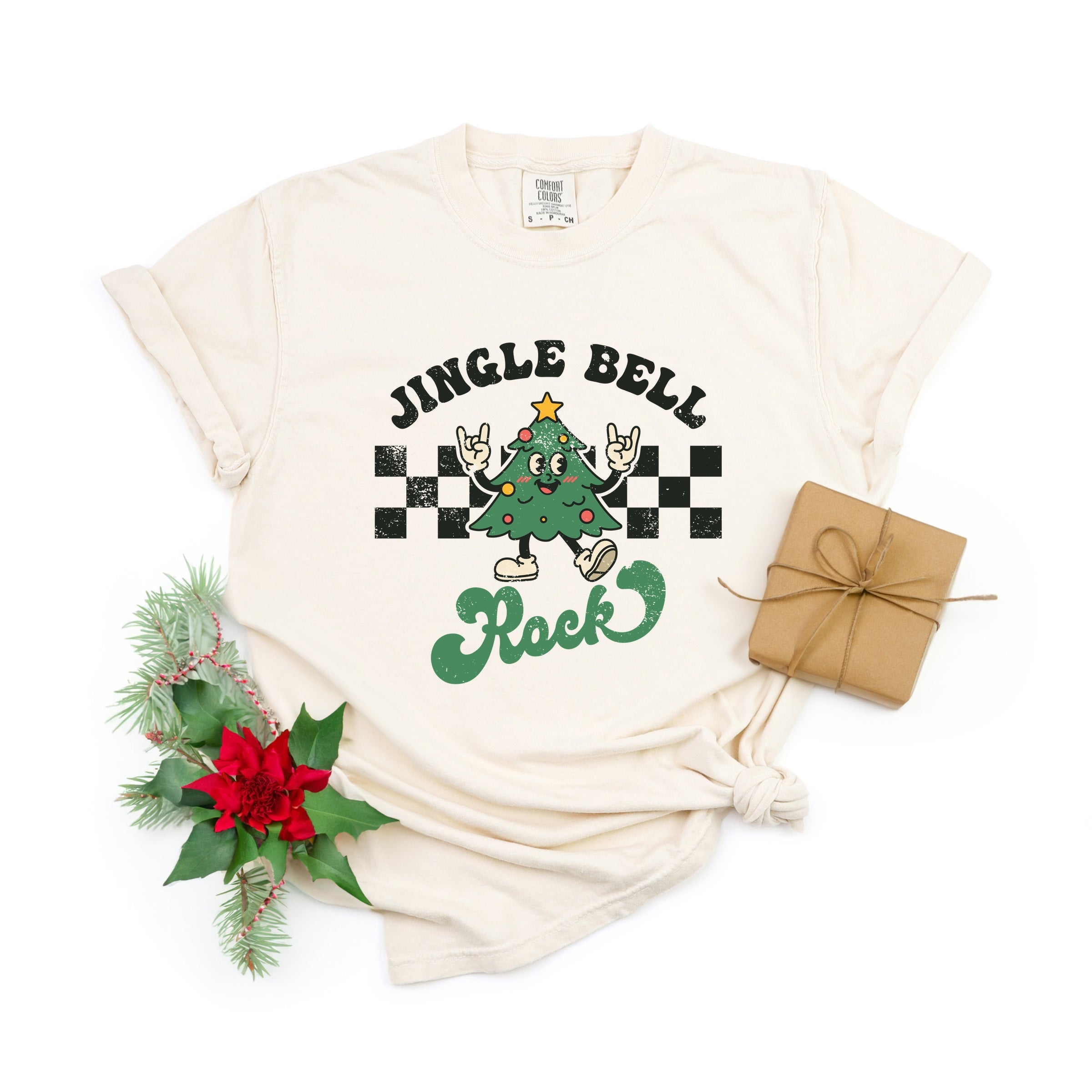 Jingle Bell Rock Checkered Tree - Womens Garment Dyed Tee