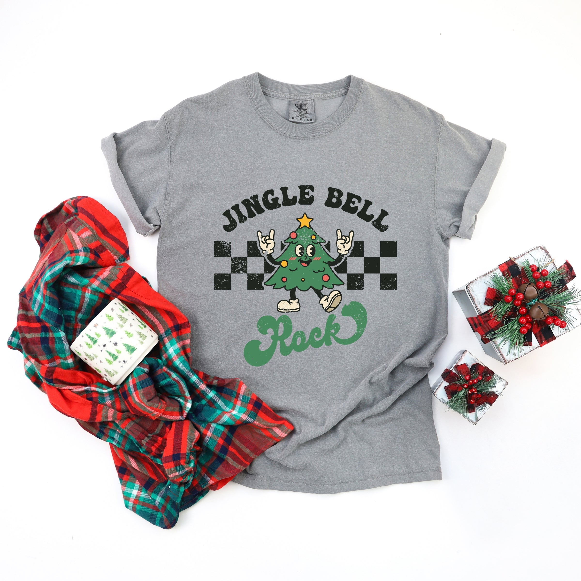 Jingle Bell Rock Checkered Tree - Womens Garment Dyed Tee