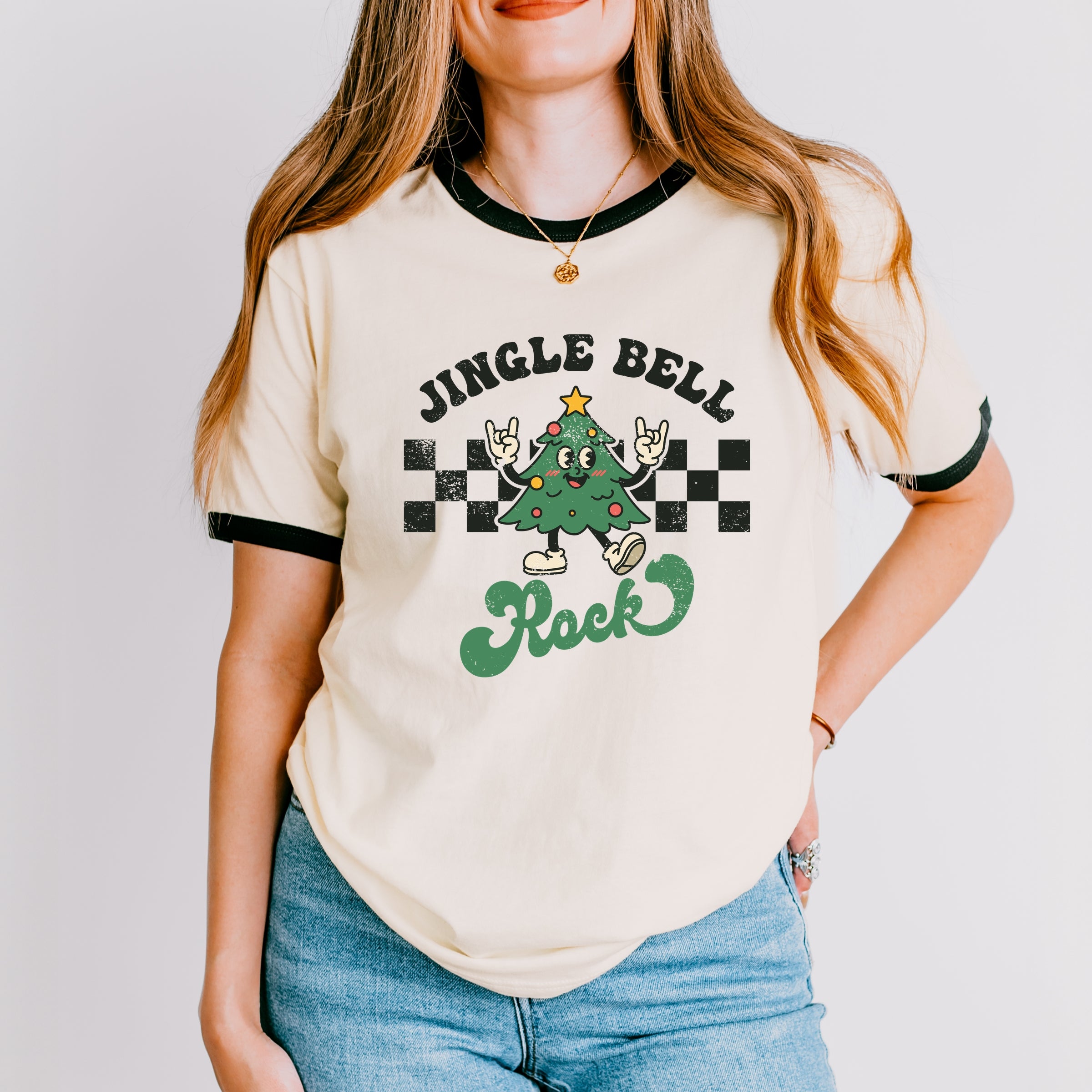 Jingle Bell Rock Checkered Tree - Womens Ringer Tee