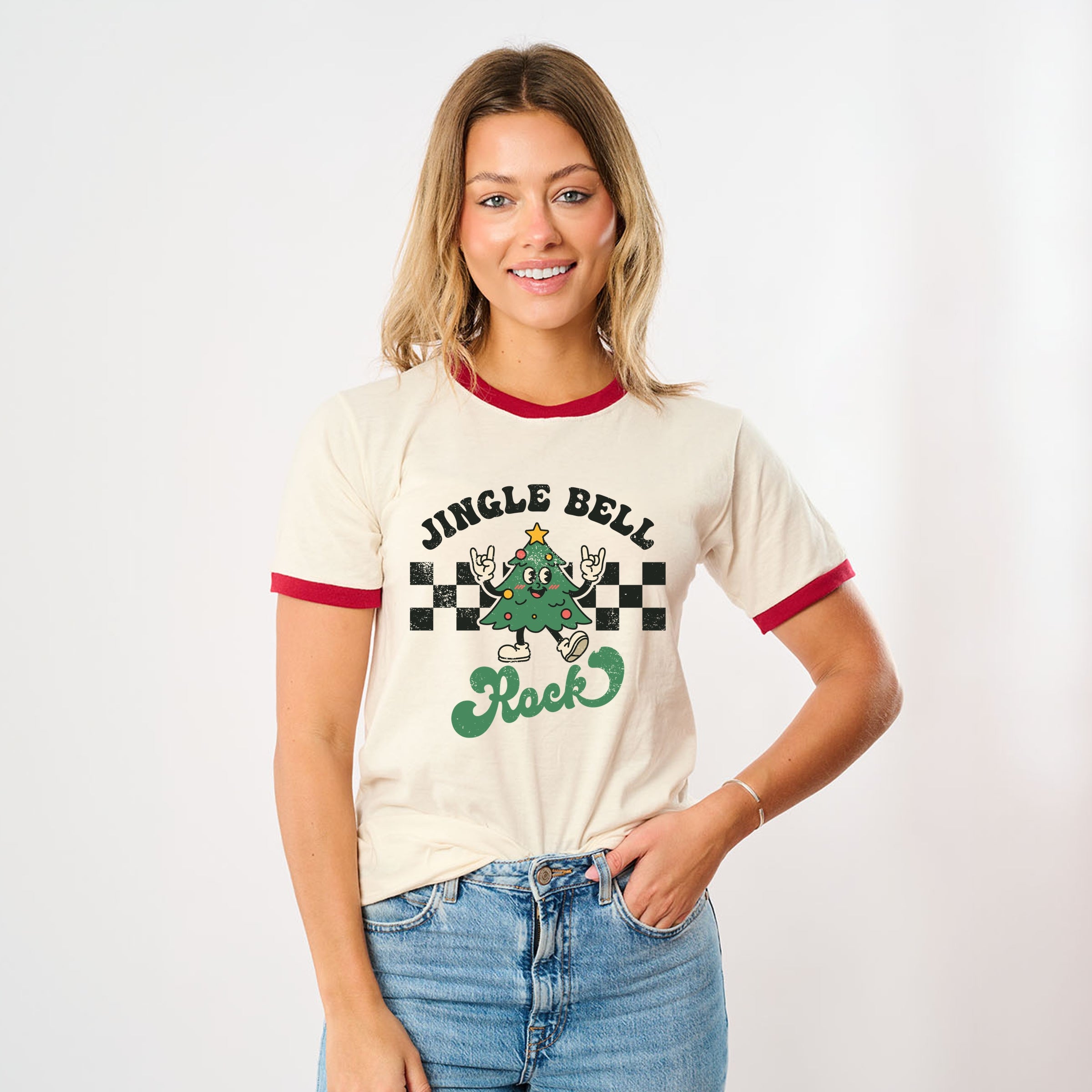 Jingle Bell Rock Checkered Tree - Womens Ringer Tee