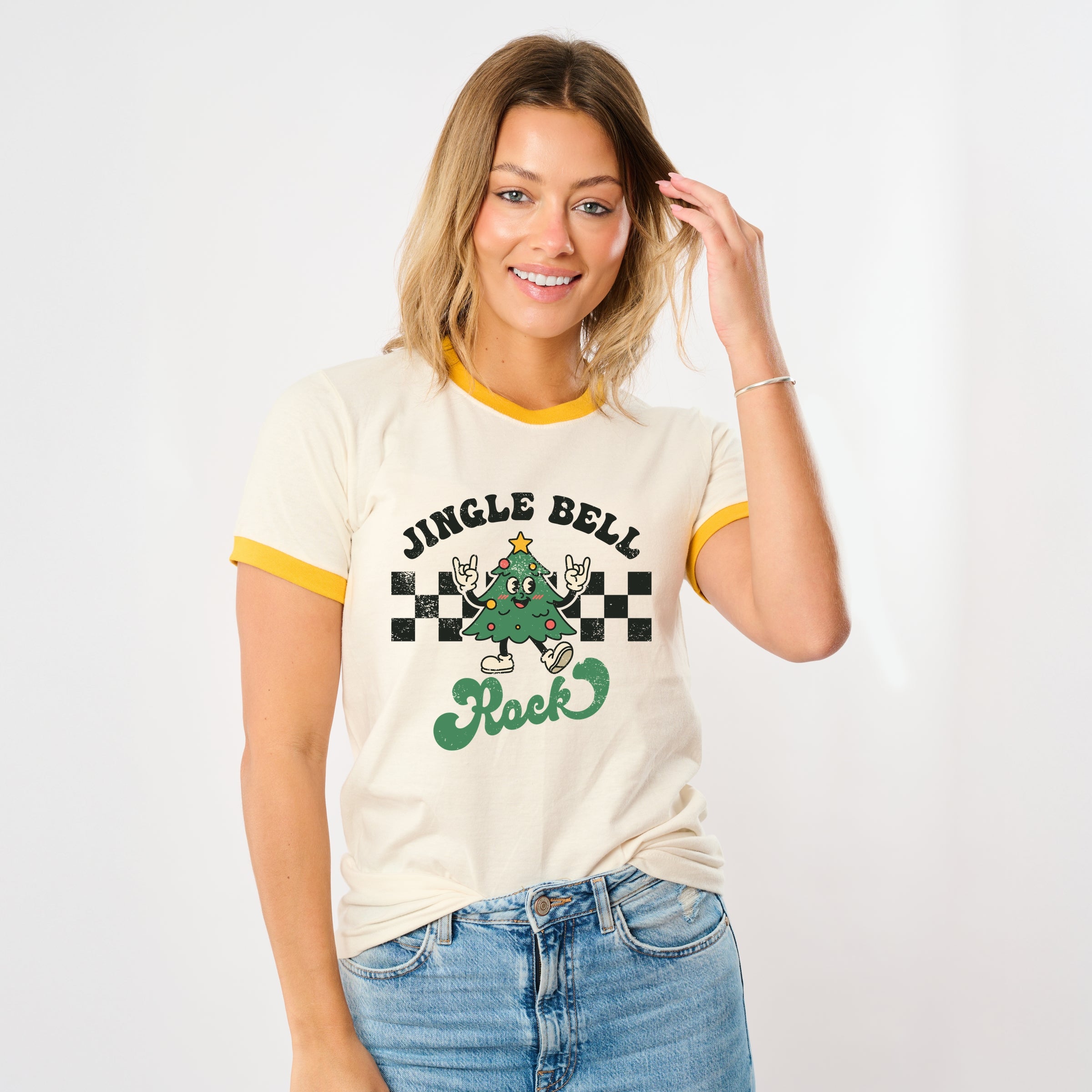 Jingle Bell Rock Checkered Tree - Womens Ringer Tee
