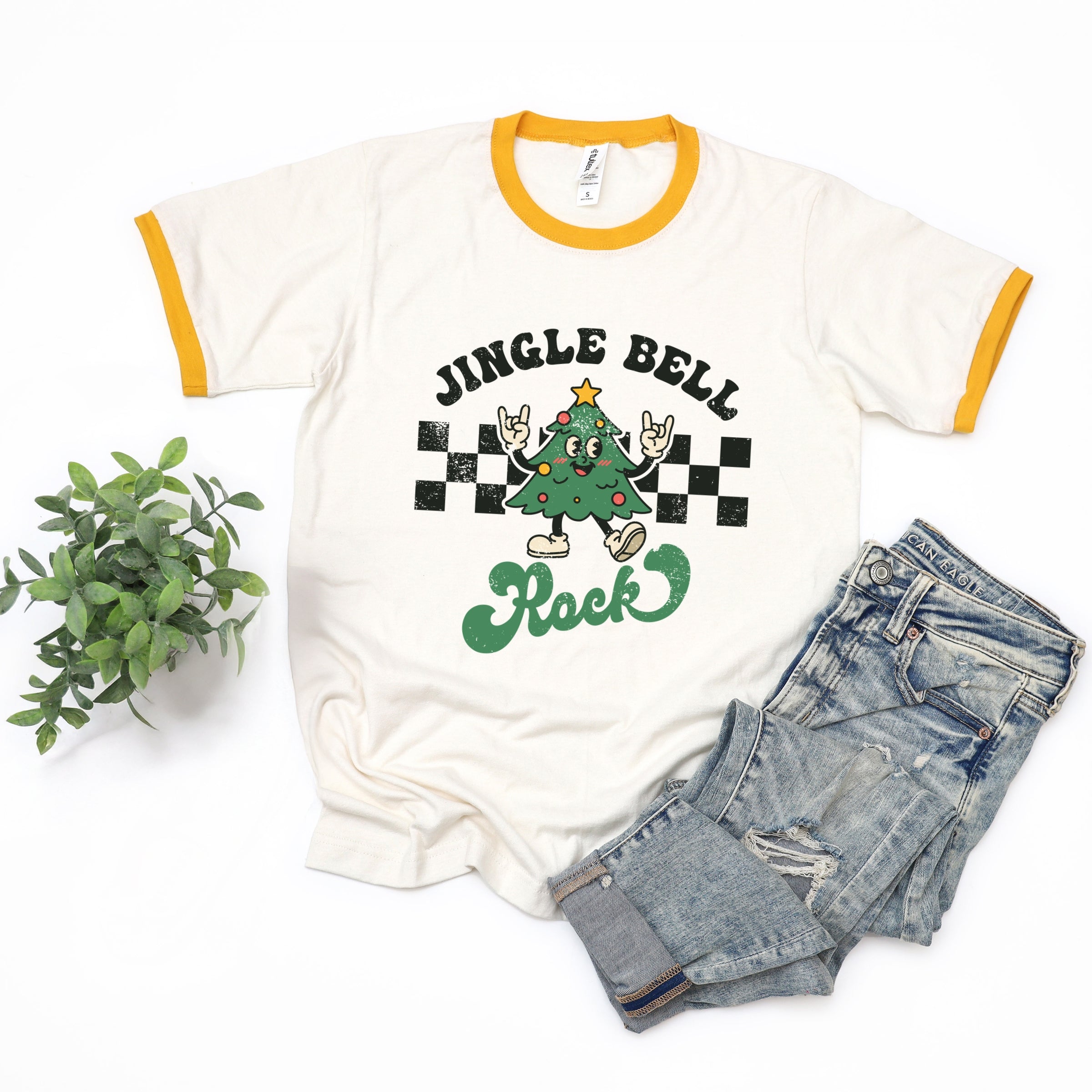 Jingle Bell Rock Checkered Tree - Womens Ringer Tee