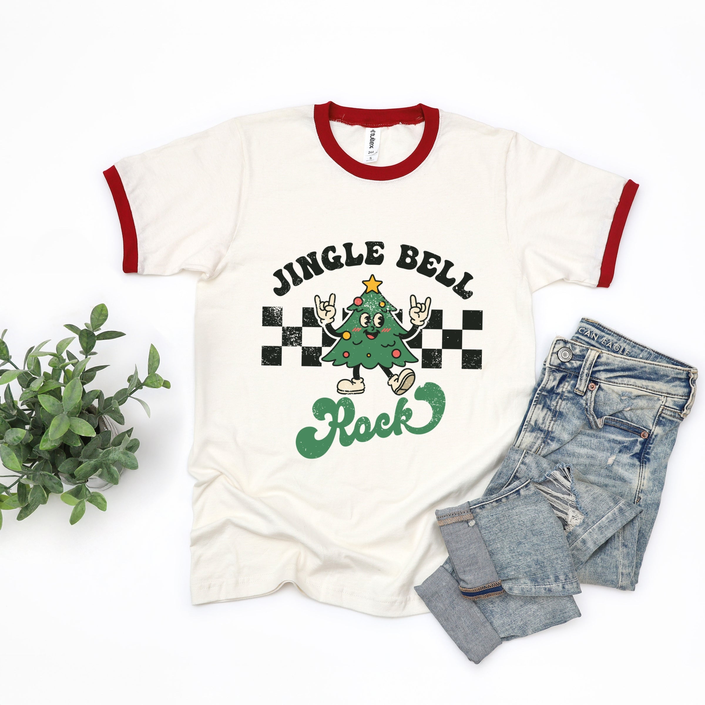 Jingle Bell Rock Checkered Tree - Womens Ringer Tee