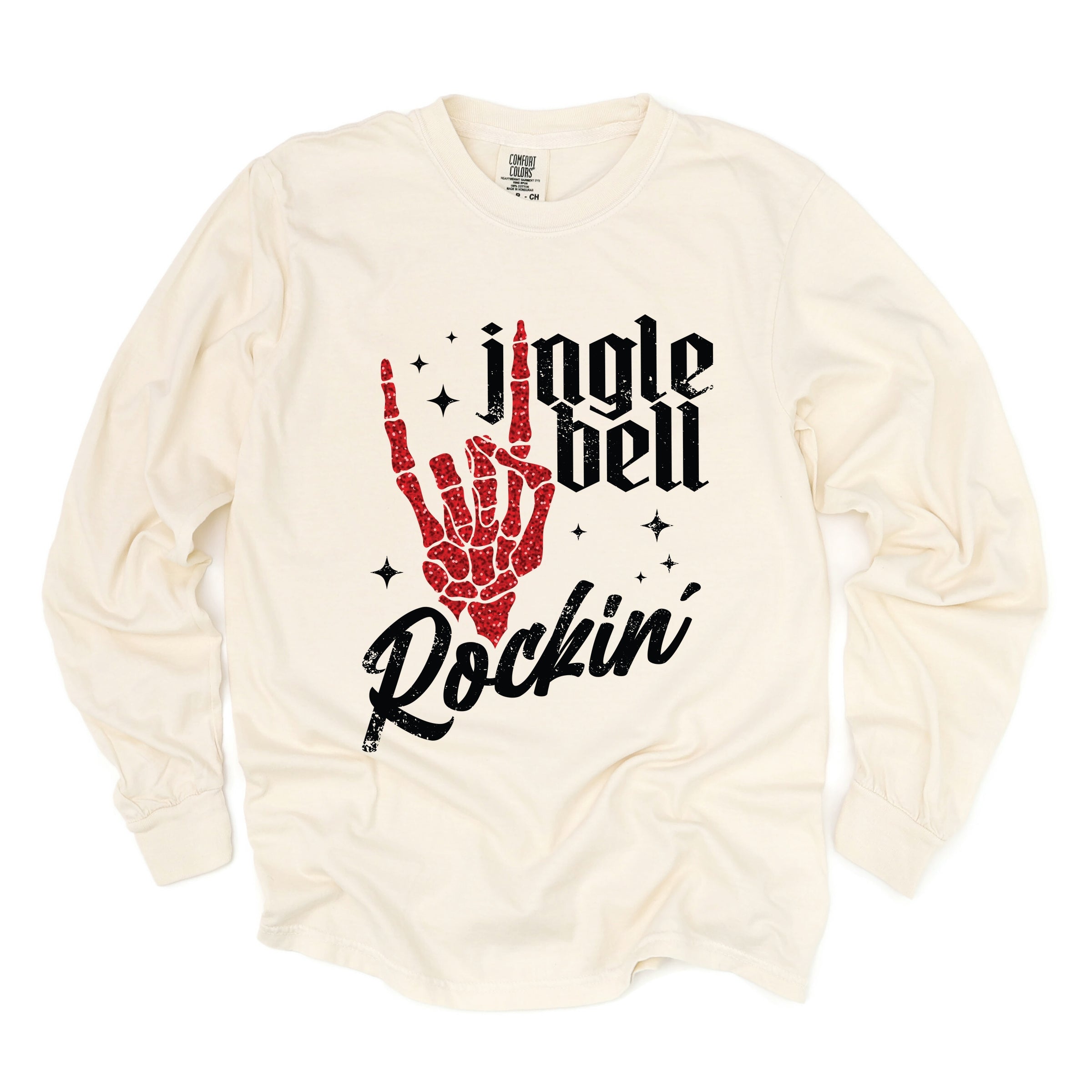 Jingle Bell Rockin' Skeleton Glitter - Womens Garment Dyed Long Sleeve