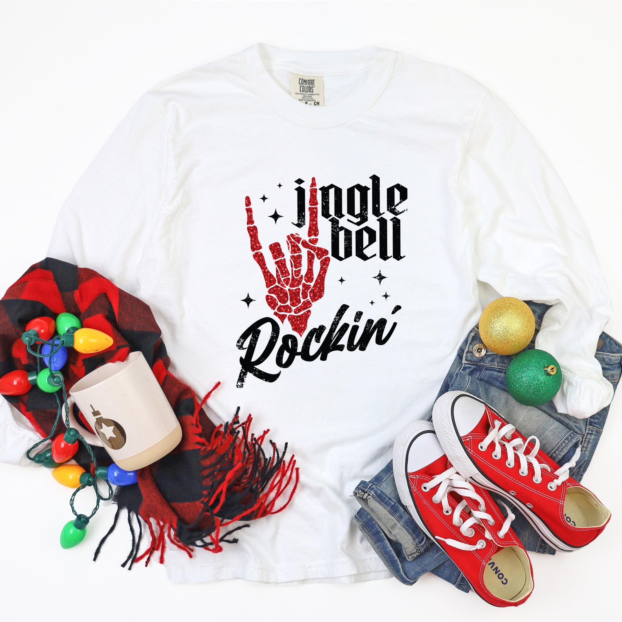 Jingle Bell Rockin' Skeleton Glitter - Womens Garment Dyed Long Sleeve
