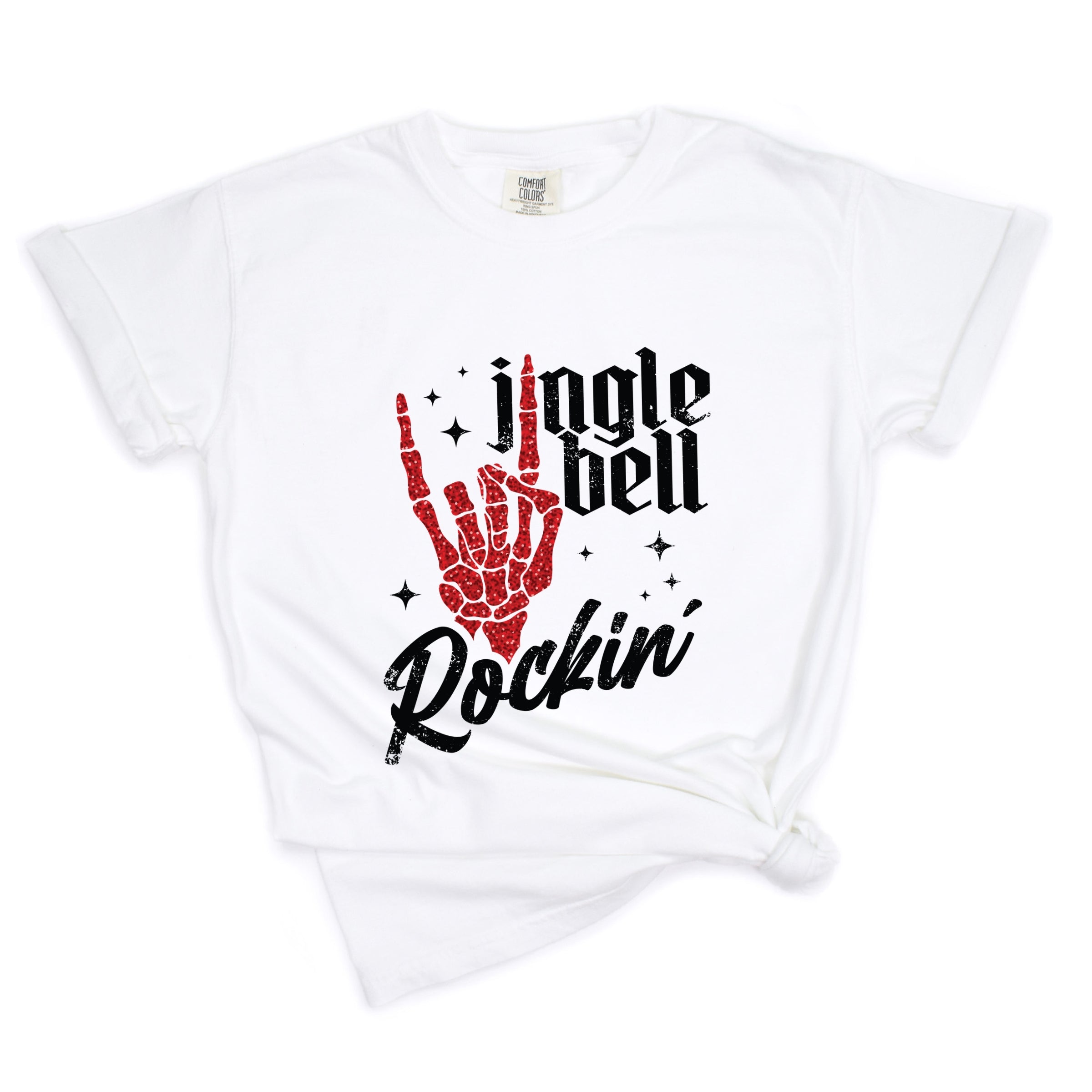Jingle Bell Rockin' Skeleton Glitter - Womens Garment Dyed Tee