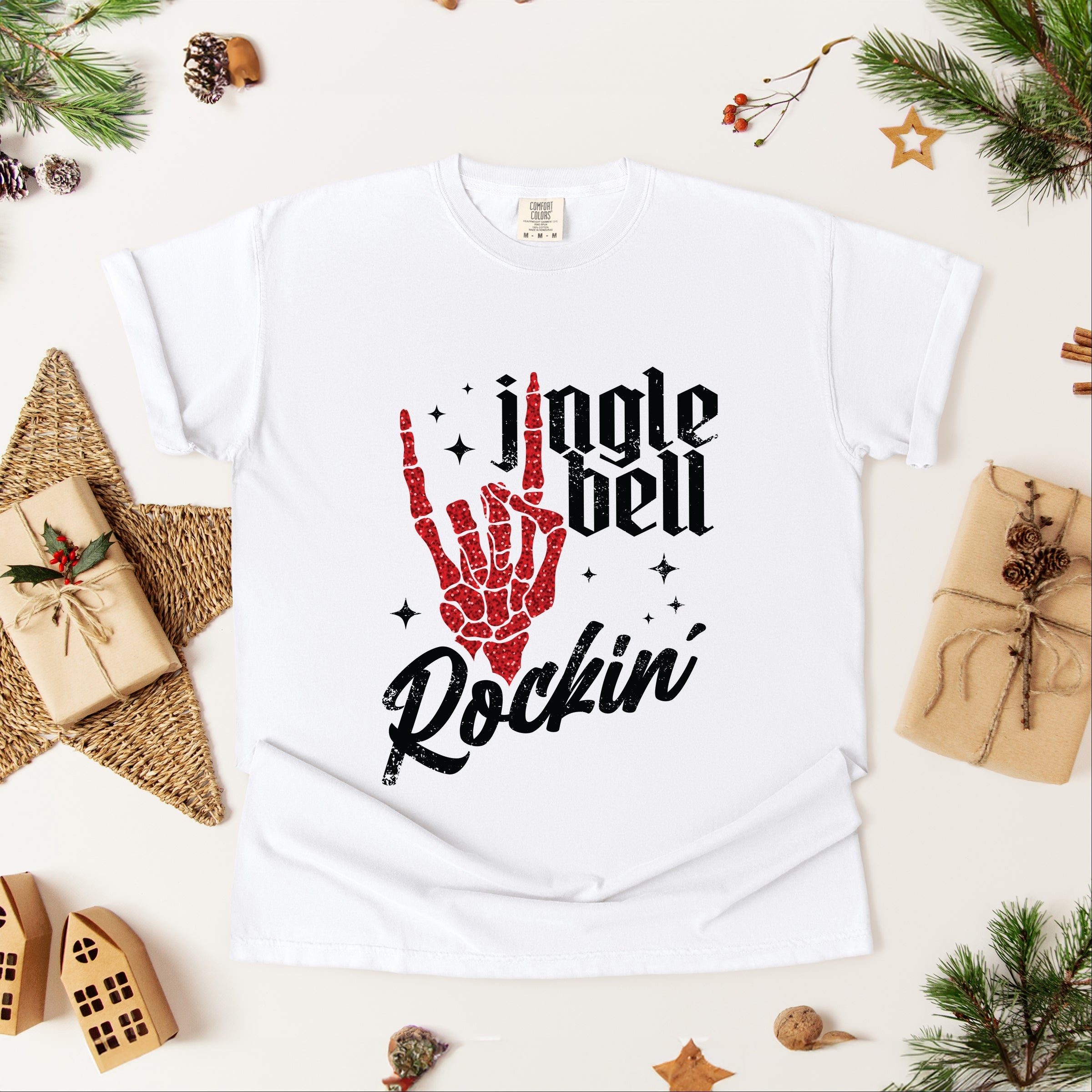 Jingle Bell Rockin' Skeleton Glitter - Womens Garment Dyed Tee