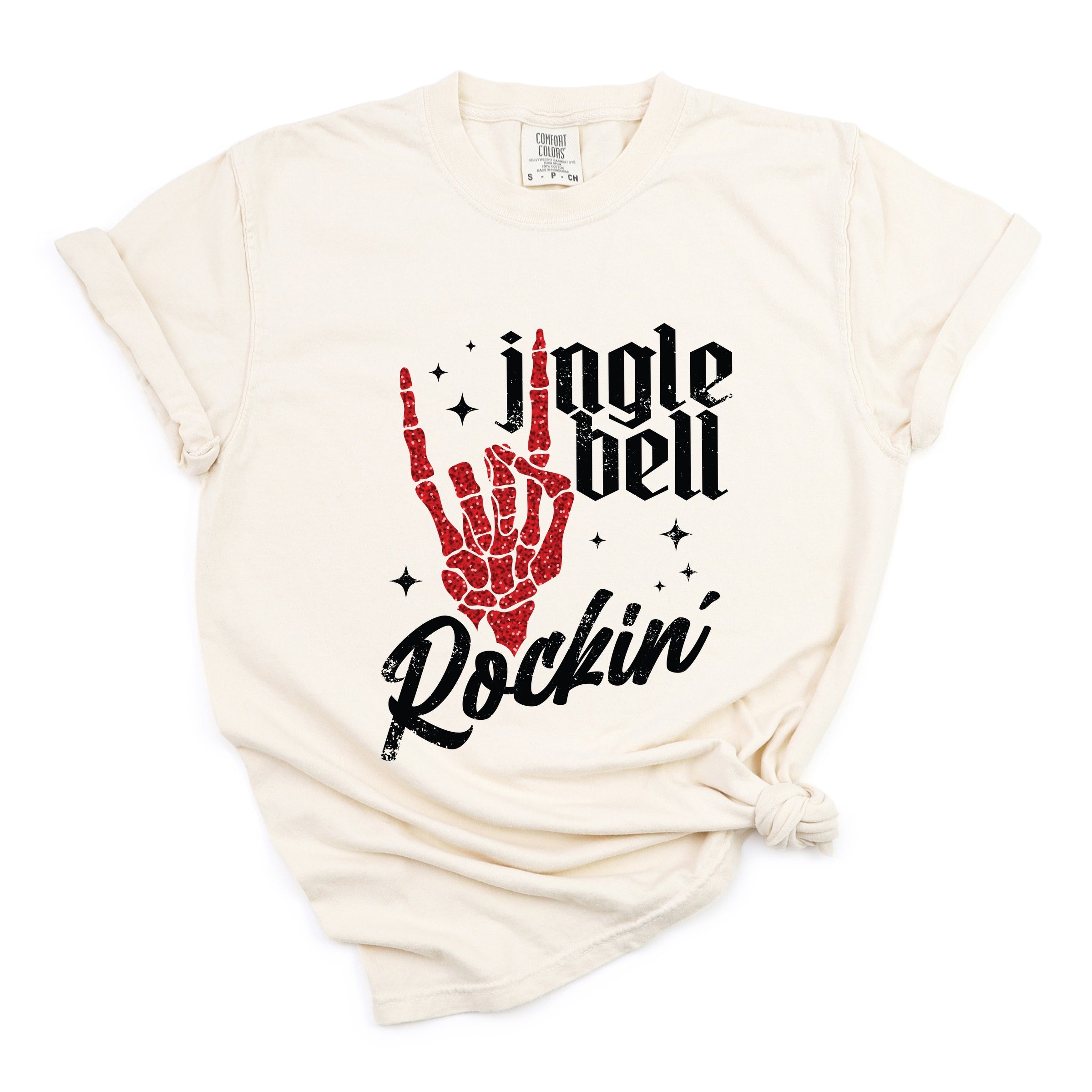 Jingle Bell Rockin' Skeleton Glitter - Womens Garment Dyed Tee