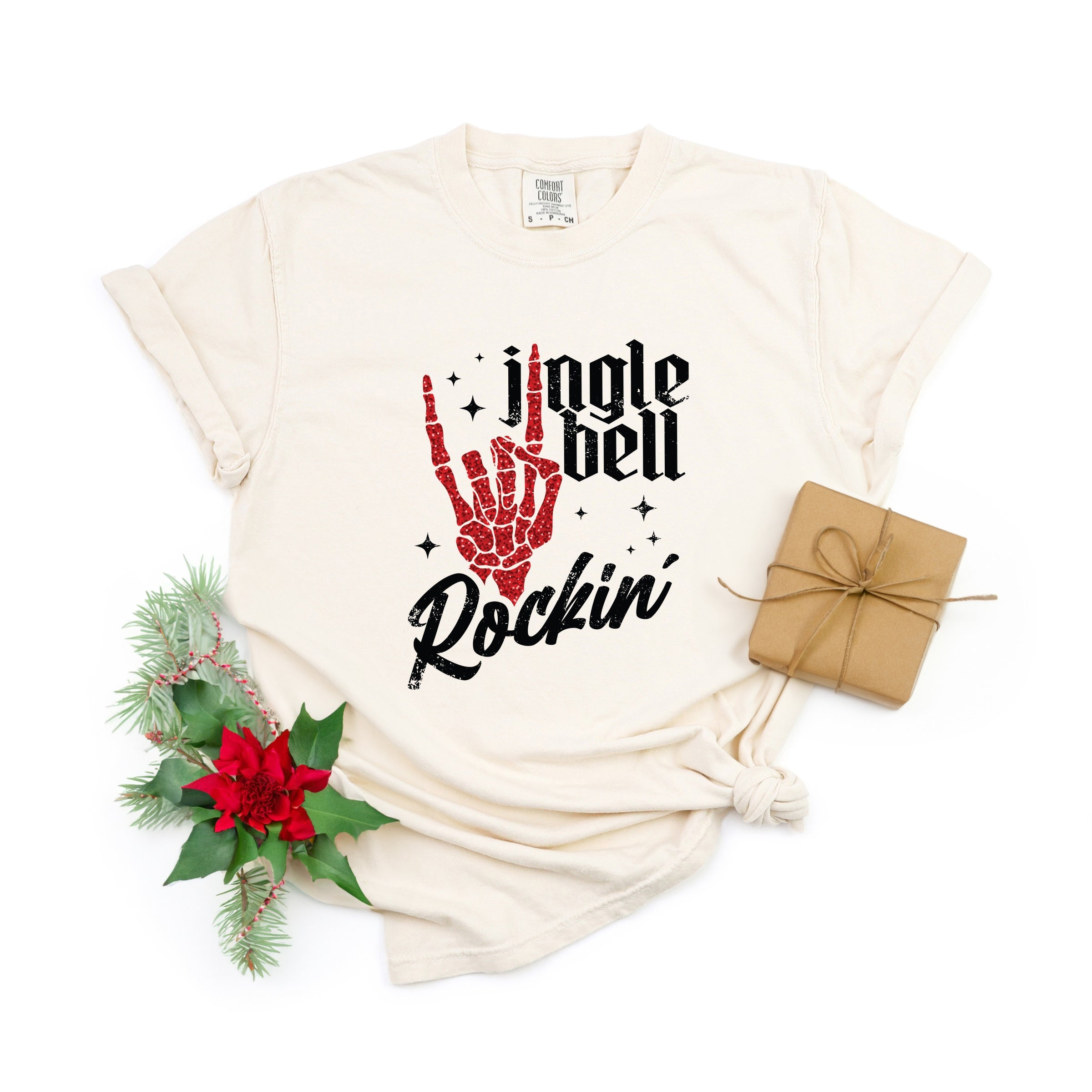 Jingle Bell Rockin' Skeleton Glitter - Womens Garment Dyed Tee