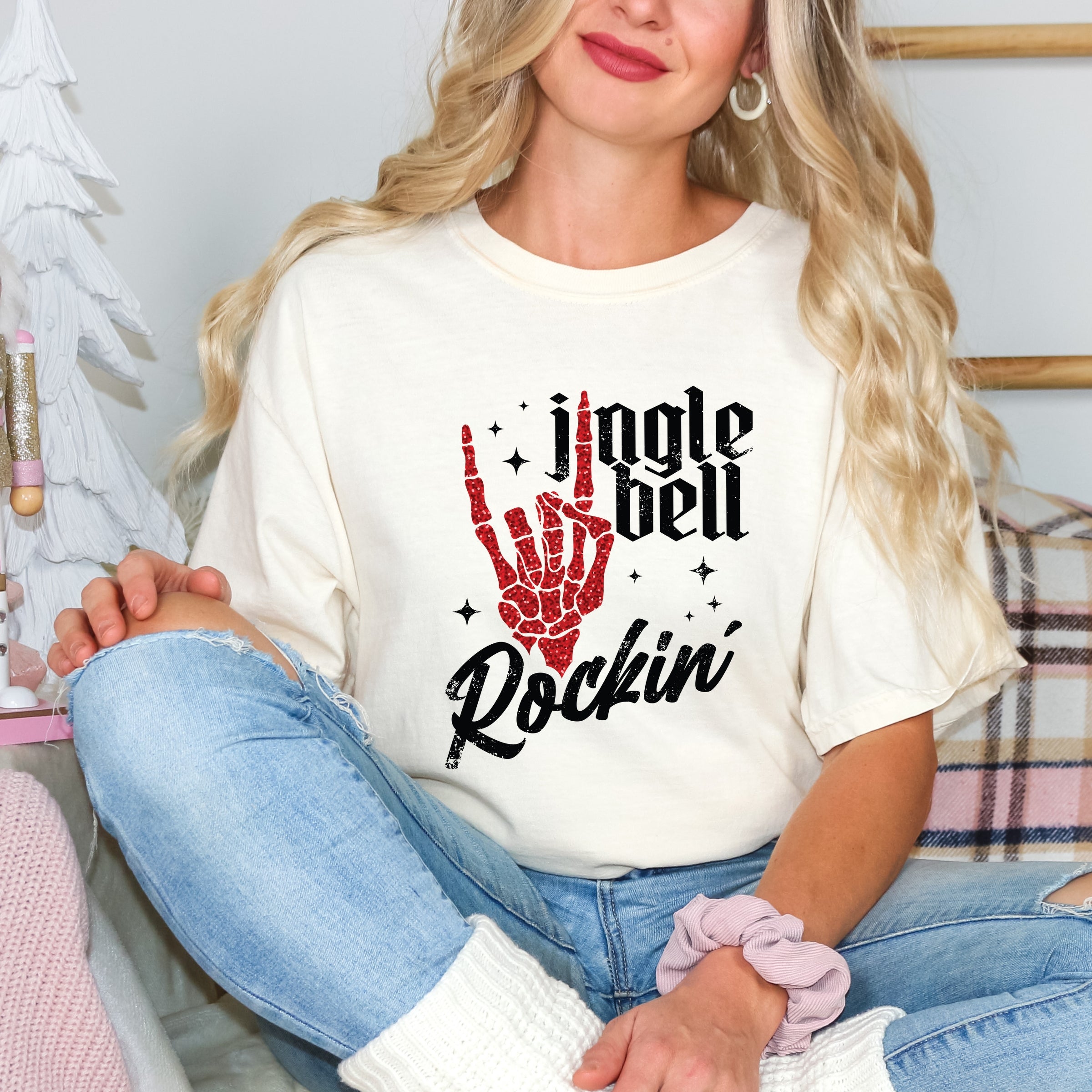 Jingle Bell Rockin' Skeleton Glitter - Womens Garment Dyed Tee
