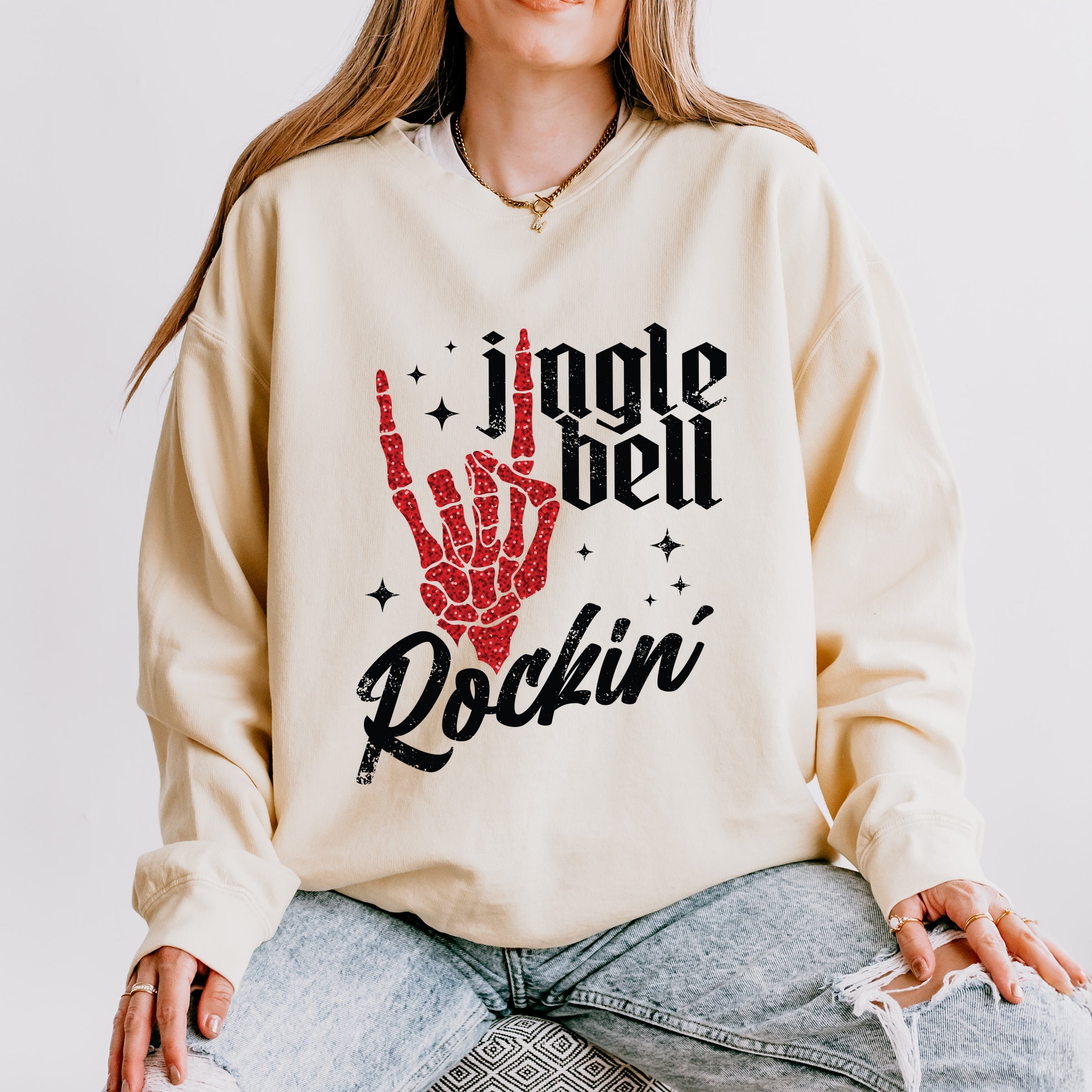 Jingle Bell Rockin' Skeleton Glitter - Womens Lightweight Garment Dyed Sweatshirt
