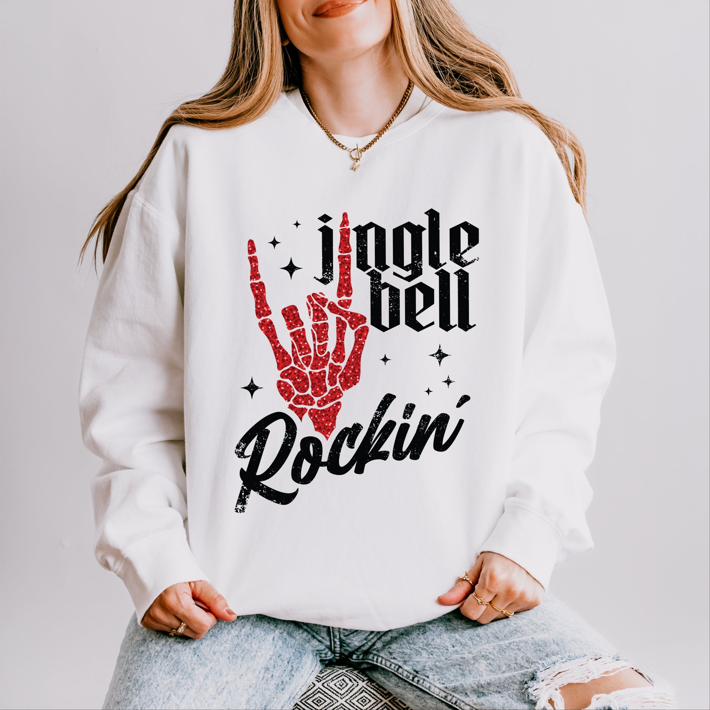 Jingle Bell Rockin' Skeleton Glitter - Women's Lightweight Garment Dyed Sweatshirt