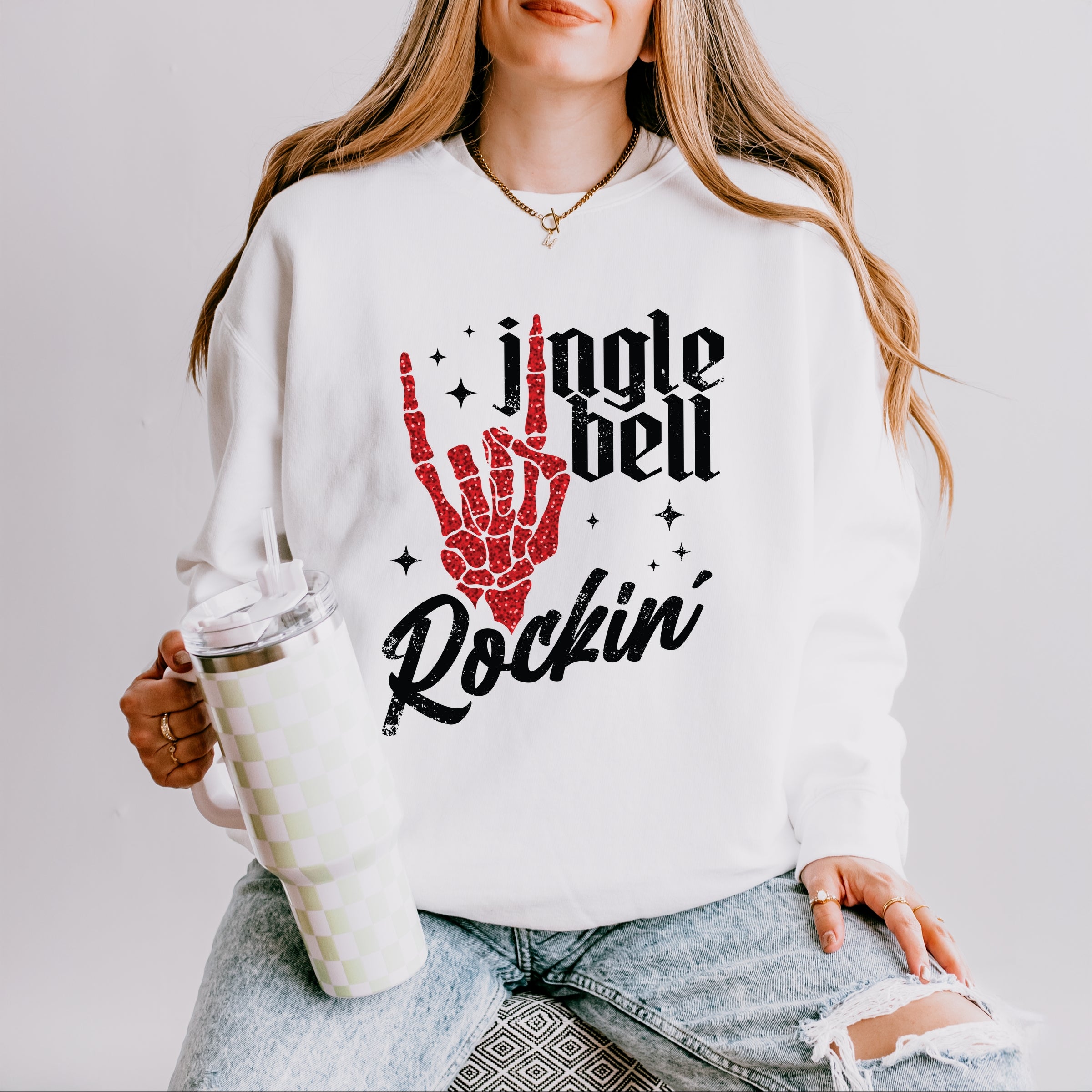 Jingle Bell Rockin' Skeleton Glitter - Womens Lightweight Garment Dyed Sweatshirt