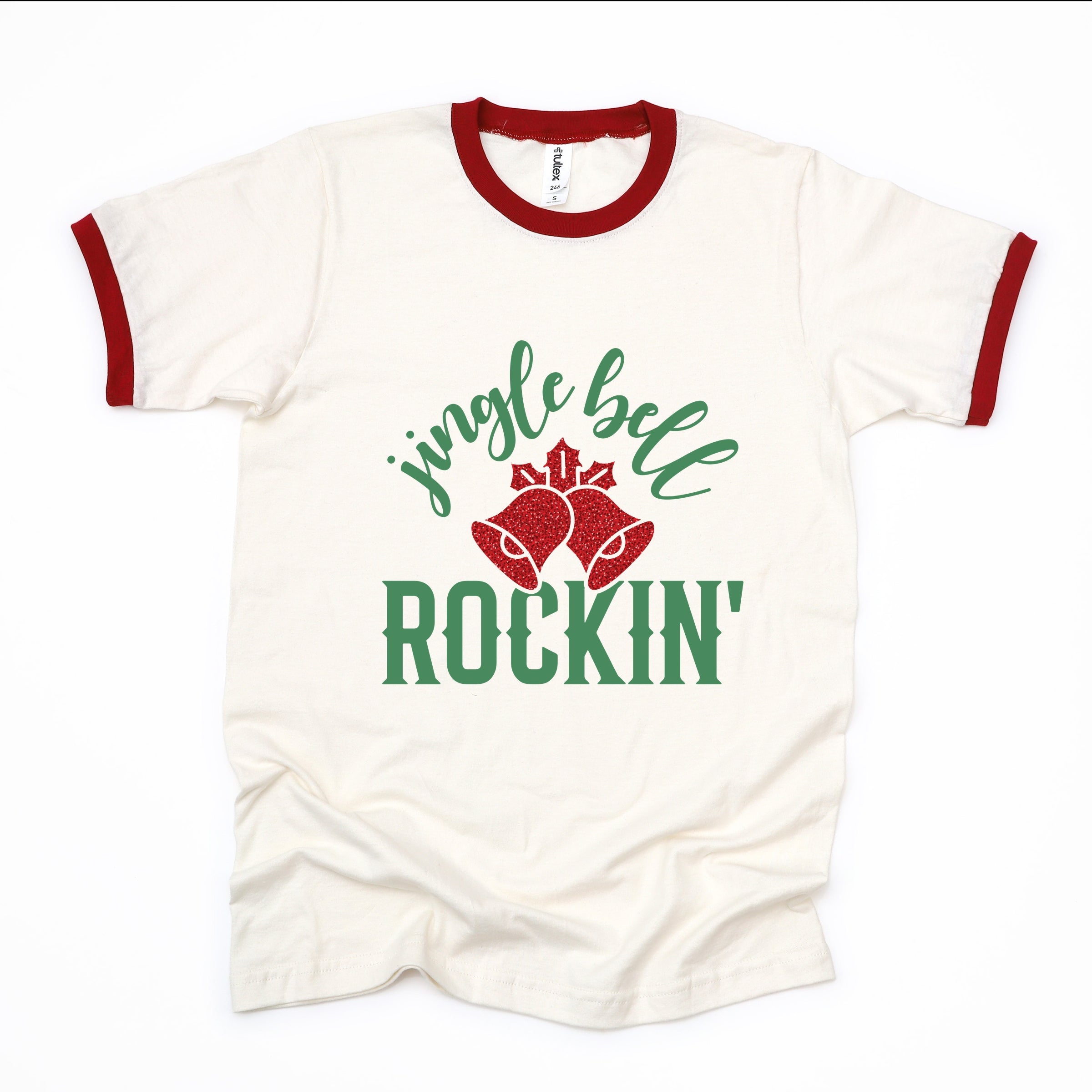 Jingle Bell Rockin' Bell Glitter - Womens Ringer Tee