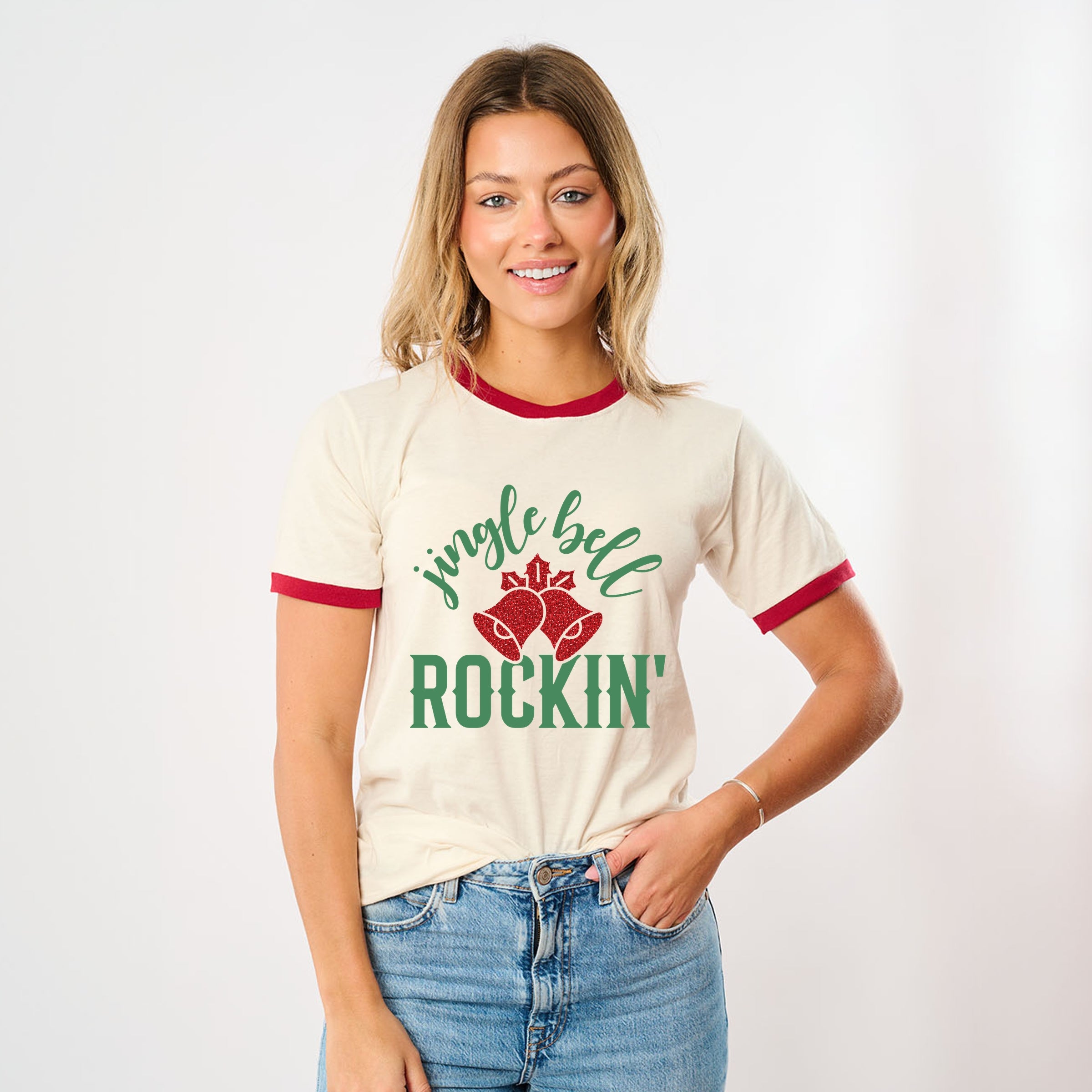 Jingle Bell Rockin' Bell Glitter - Womens Ringer Tee