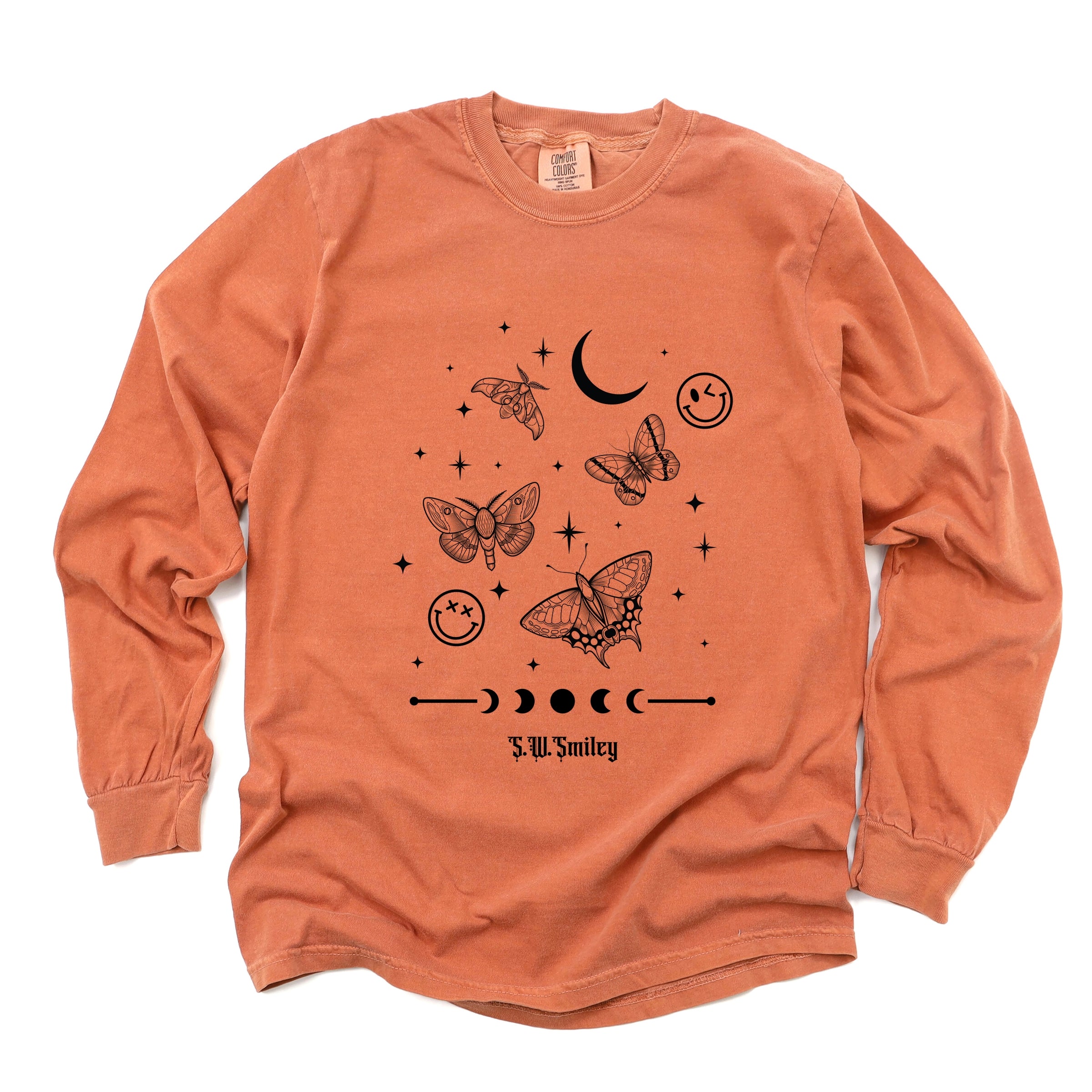 S.W.Smiley Witchy Moth - Women's Garment Dyed Long Sleeve Graphic T-Shirt