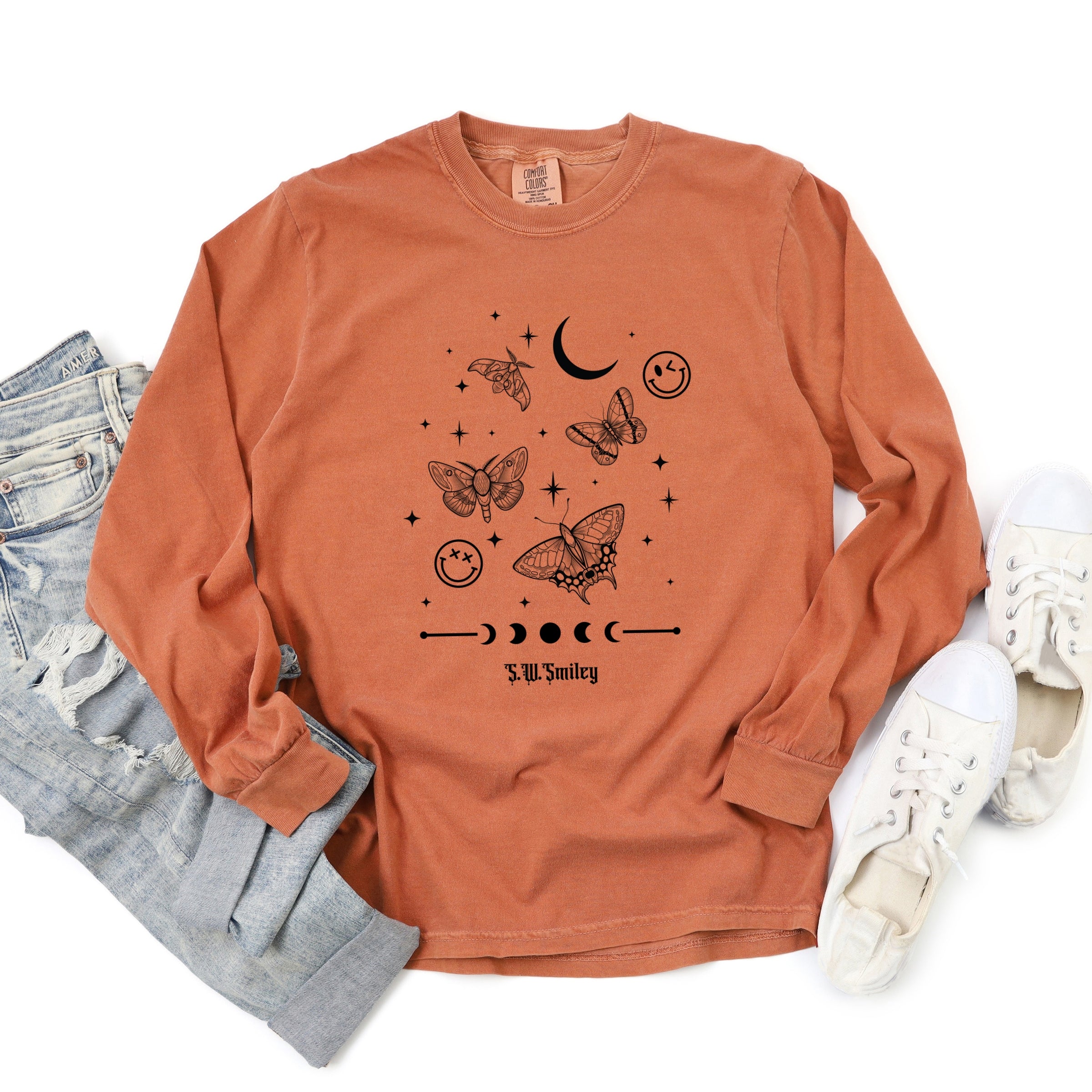 S.W.Smiley Witchy Moth - Women's Garment Dyed Long Sleeve Graphic T-Shirt