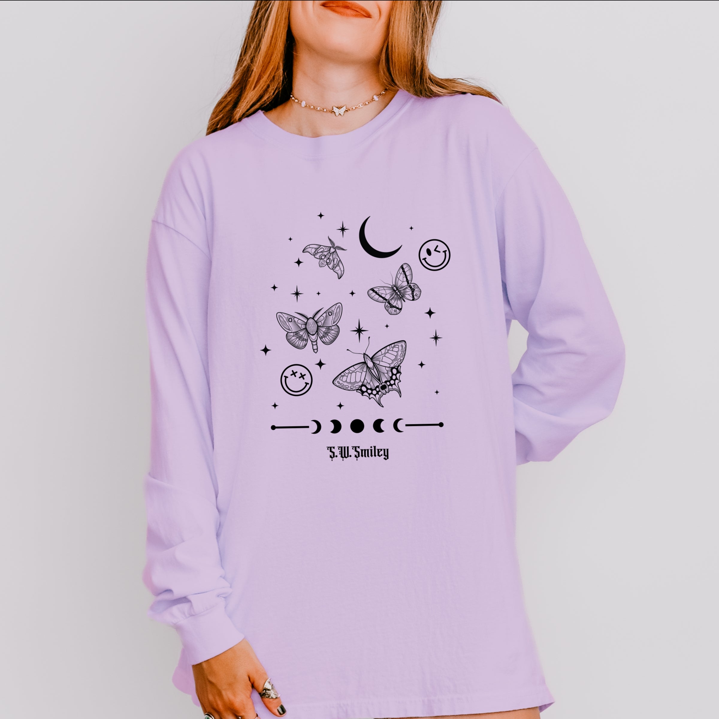 S.W.Smiley Witchy Moth - Women's Garment Dyed Long Sleeve Graphic T-Shirt