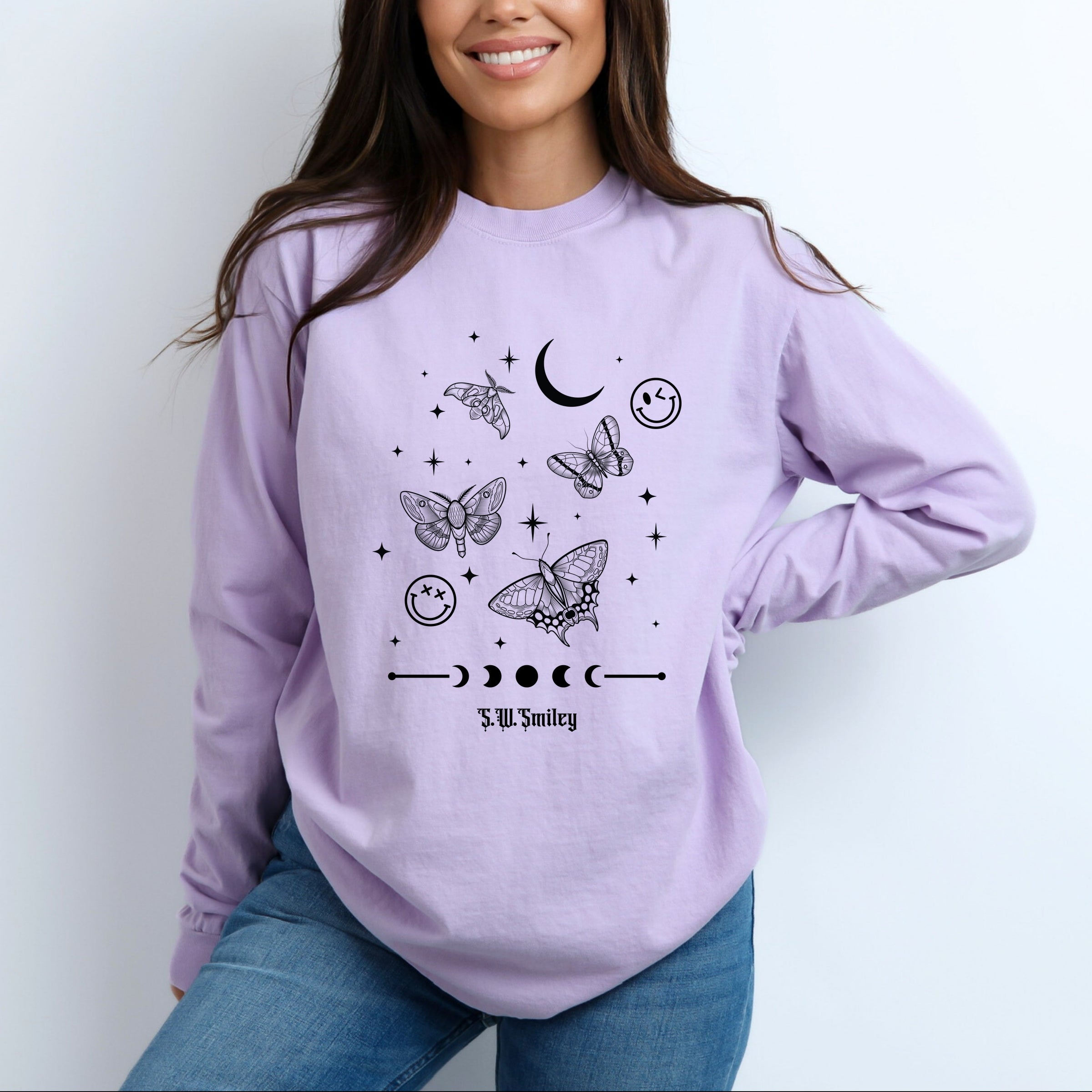 S.W.Smiley Witchy Moth - Women's Garment Dyed Long Sleeve Graphic T-Shirt