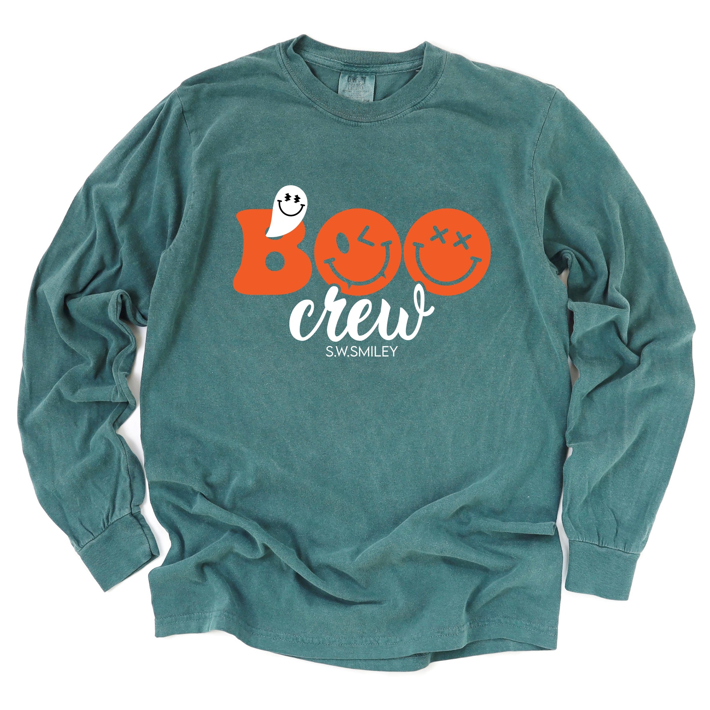 S.W.Smiley Boo Crew - Women's Garment Dyed Long Sleeve Graphic T-Shirt