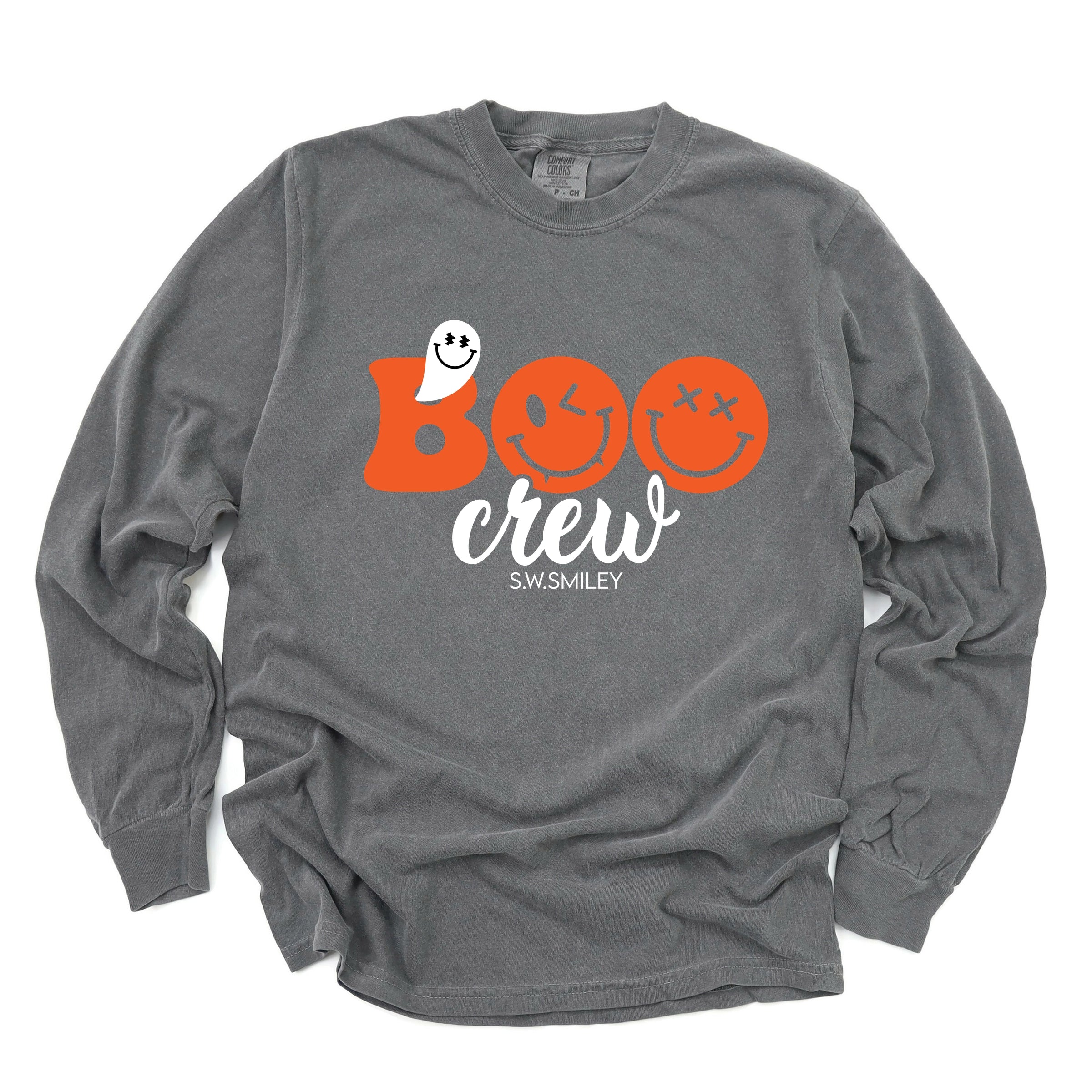 S.W.Smiley Boo Crew - Women's Garment Dyed Long Sleeve Graphic T-Shirt