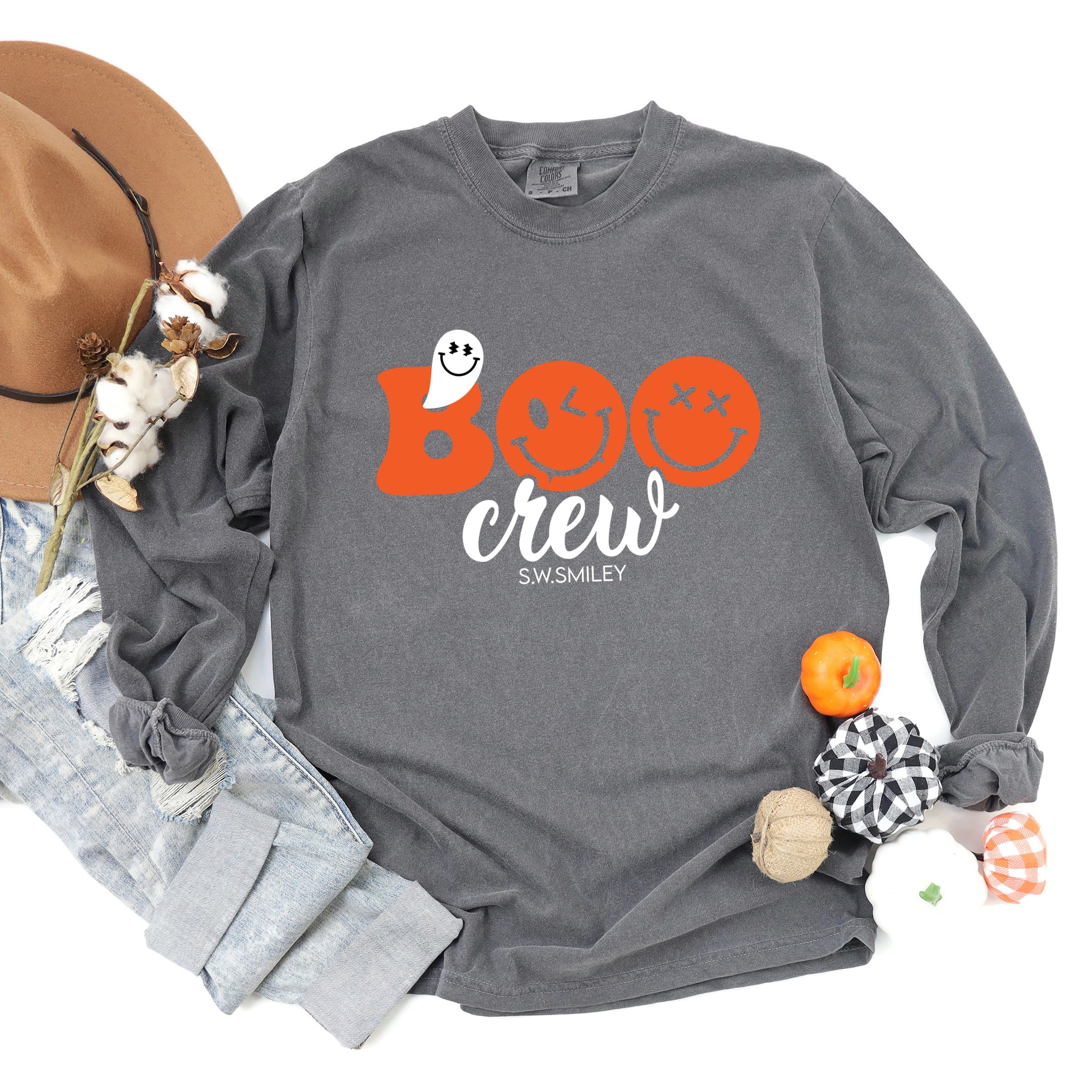S.W.Smiley Boo Crew - Women's Garment Dyed Long Sleeve Graphic T-Shirt